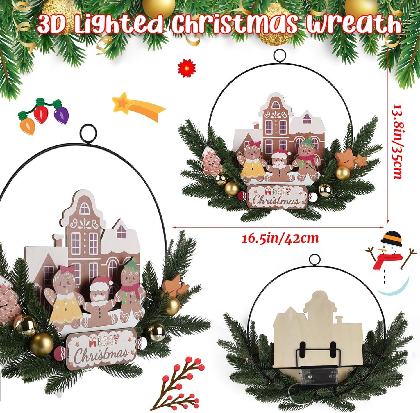 Light up Christmas Wreaths for Front Door, Welcome Metal Wooden Door Wreath Decor Hanging Sign, 30 LED Lighted Wall Decor Battery Operated for Halloween Indoor Outdoor (Gingerbread Man)
