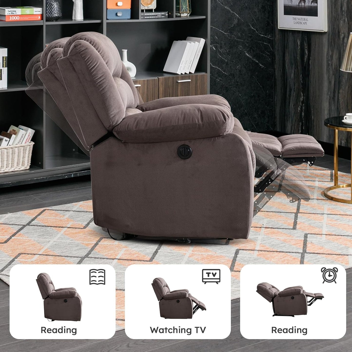 EBELLO Classic Power Recliner Chair, Oversized Electric Reclining Chair with Overstuffed Cushion and Back, Soft Fabric Adults Single Recliner Sofa for Living Room, Set of 2 Brown