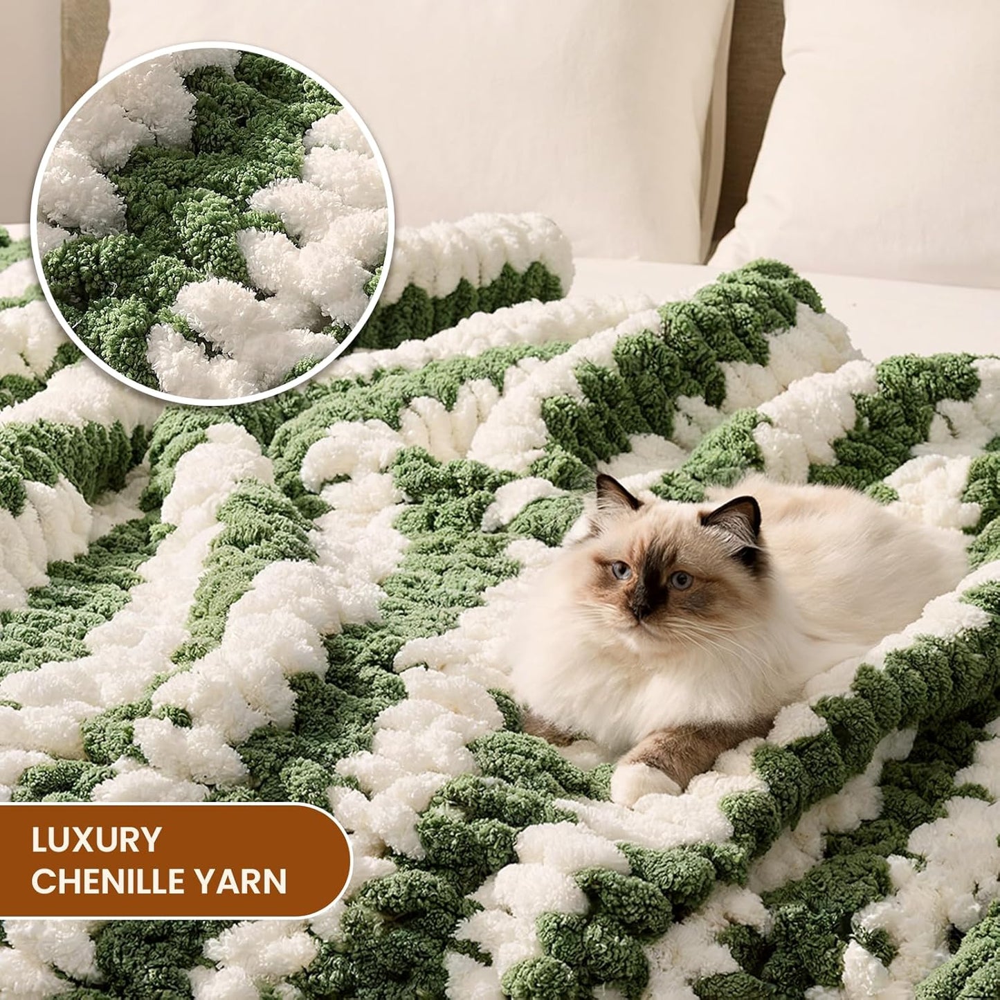 L'AGRATY Chunky Knit Blanket Throw: 50''x60'' Chenille Chunky Knitted Throw Blankets for Bed Couch - Handmade Thick Cable Knit Blanket - Large Crochet Rope Blankets for Home Decor