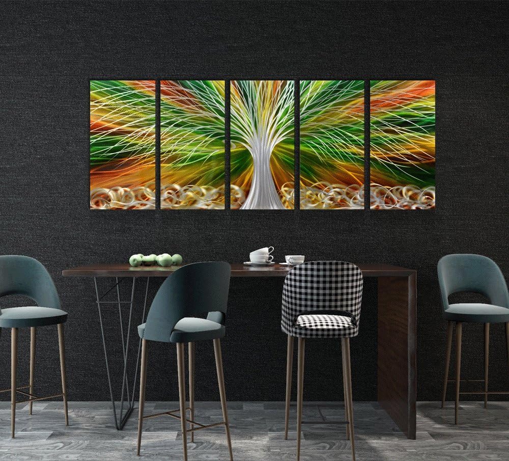 Yihui Arts Abstract Metal Wall Art - Tree Of Life Hand Crafted 5 Pieces Panels Large Big Unique 3D Aluminum Modern Contemporary Home Accent