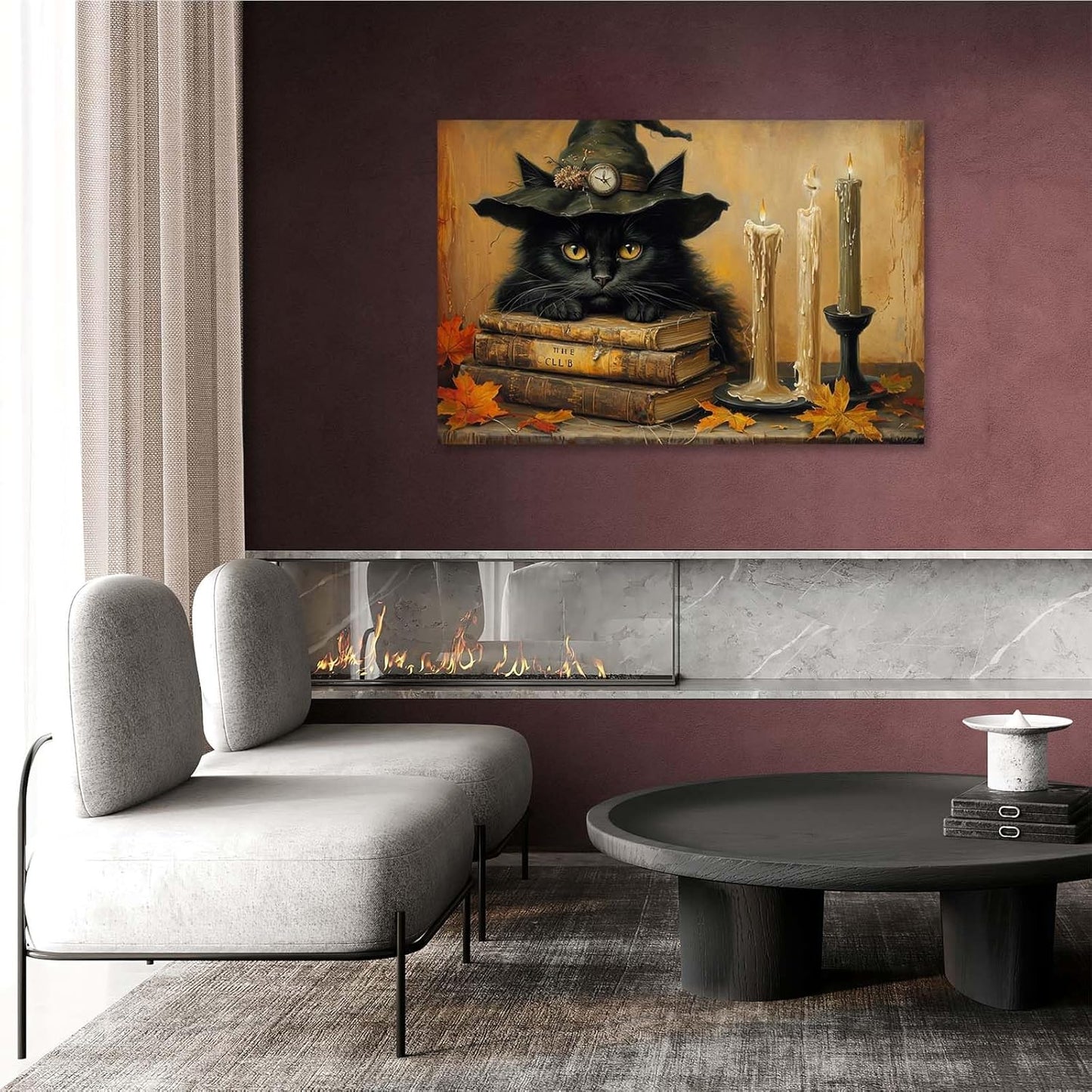 JFHCQJPK Vintage Halloween wall decoration black cat and magic book suitable for home bedroom living room decoration dark classic art witch wall decoration28x40in Frameless