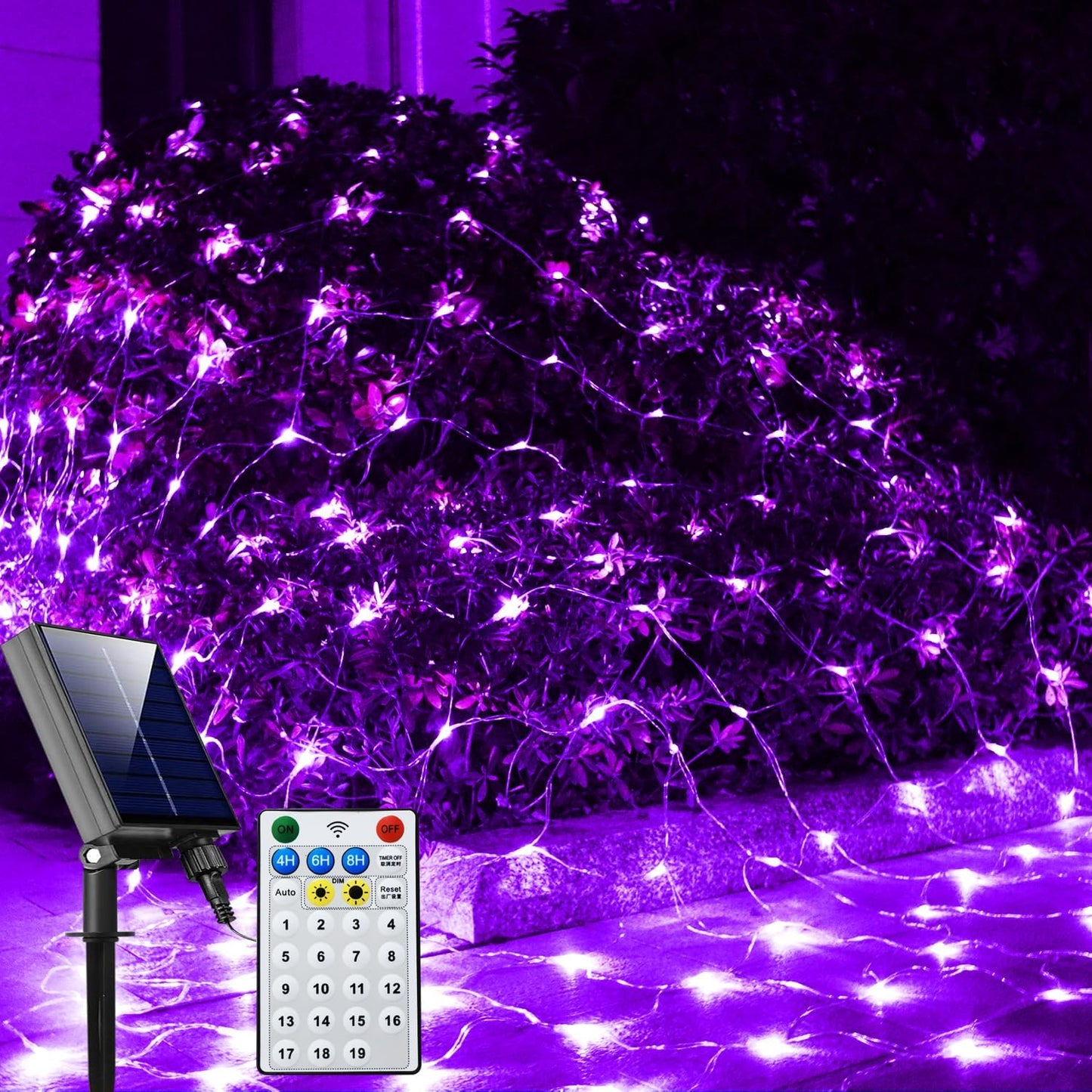 Curyidy Solar Net Halloween Lights Purple,200 LED Net Lights Outdoor Mesh Lights, 19 Modes Solar Powered/USB Remote Control String for Garden, Yard, Bushes, Trunk, Halloween, Xmas Tree Decor