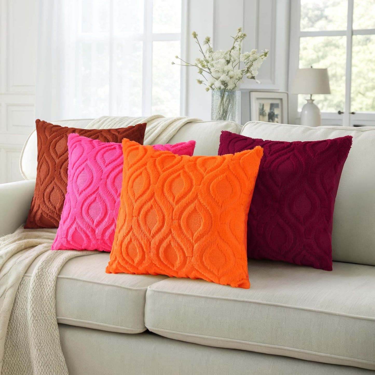 decorUhome Fall Throw Pillow Covers 16x16 Inch Set of 2, Soft Plush Decorative Faux Fur Hot Pink Solid Couch Pillow Covers, Accent Farmhouse Neutral Square Euro Pillow Cases for Sofa Bed Living Room