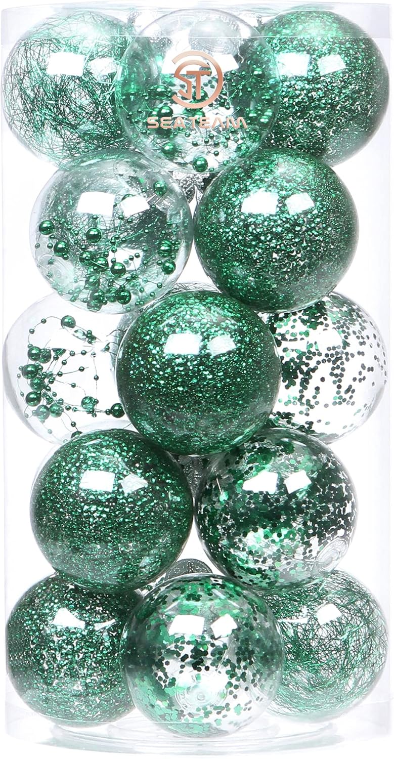 Sea Team Shatterproof Clear Plastic Christmas Ball Ornaments Decorative Xmas Balls Baubles Set with Stuffed Delicate Decorations (80mm/3.15 inch 20-Pack, Green)
