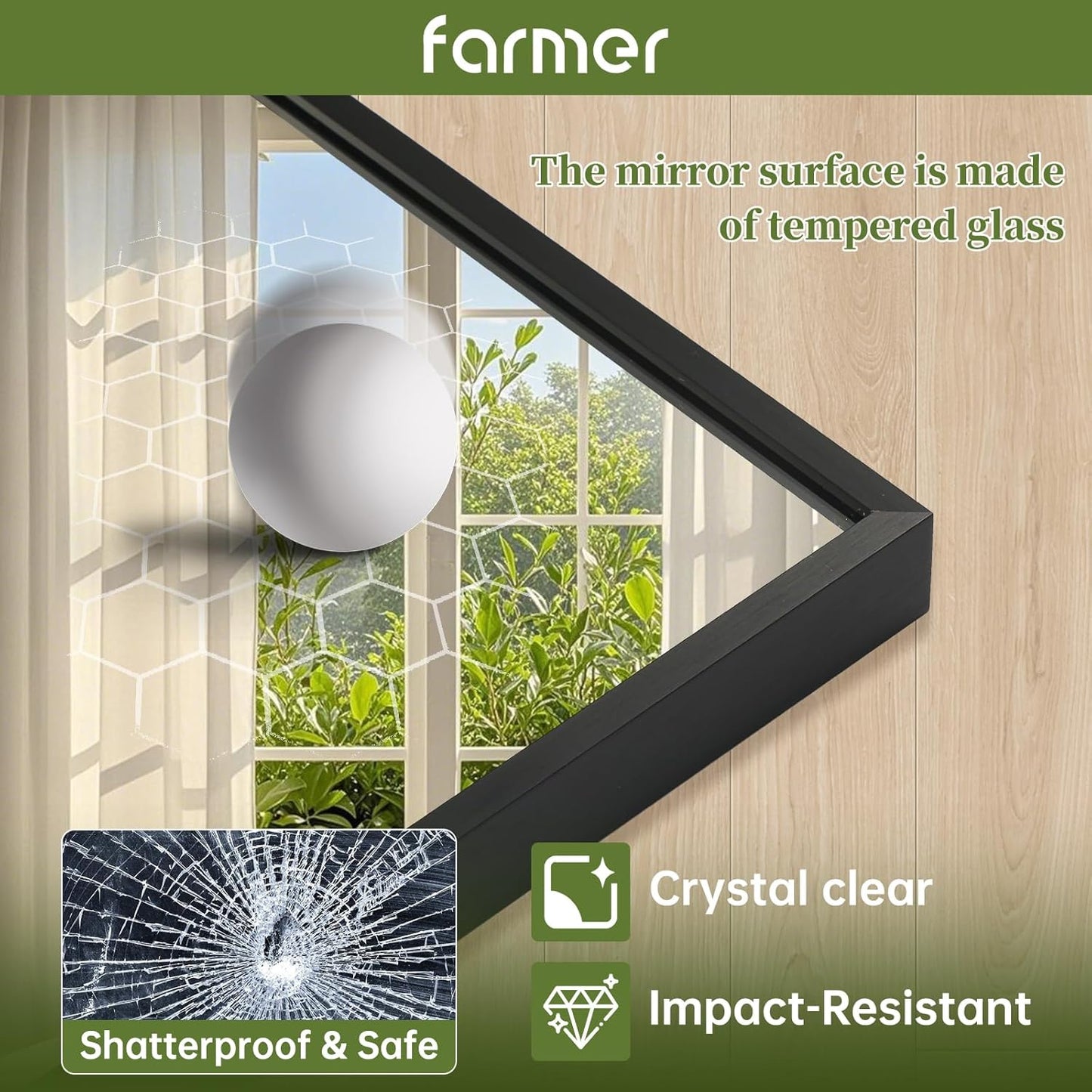 FARMER 26x38 Inch Black Bathroom Mirror, Rectangle Wall Mounted Mirror, Vanity Mirror, Brushed Square Mirror, Framed Bathroom Mirror for Bedrooms, Entryways, Living Rooms, Horizontal/Vertical