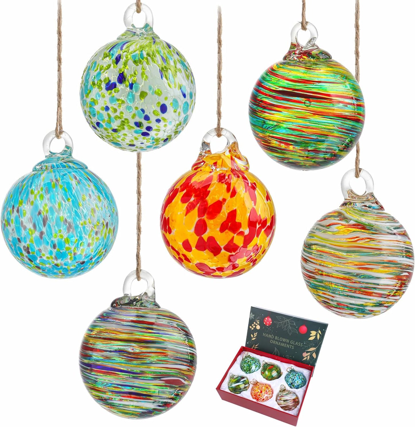 Set of 6 Hand Blown Glass Christmas Ornaments Hanging Gazing Ball Witches Ball Friendship Decor for Garden Patio Window