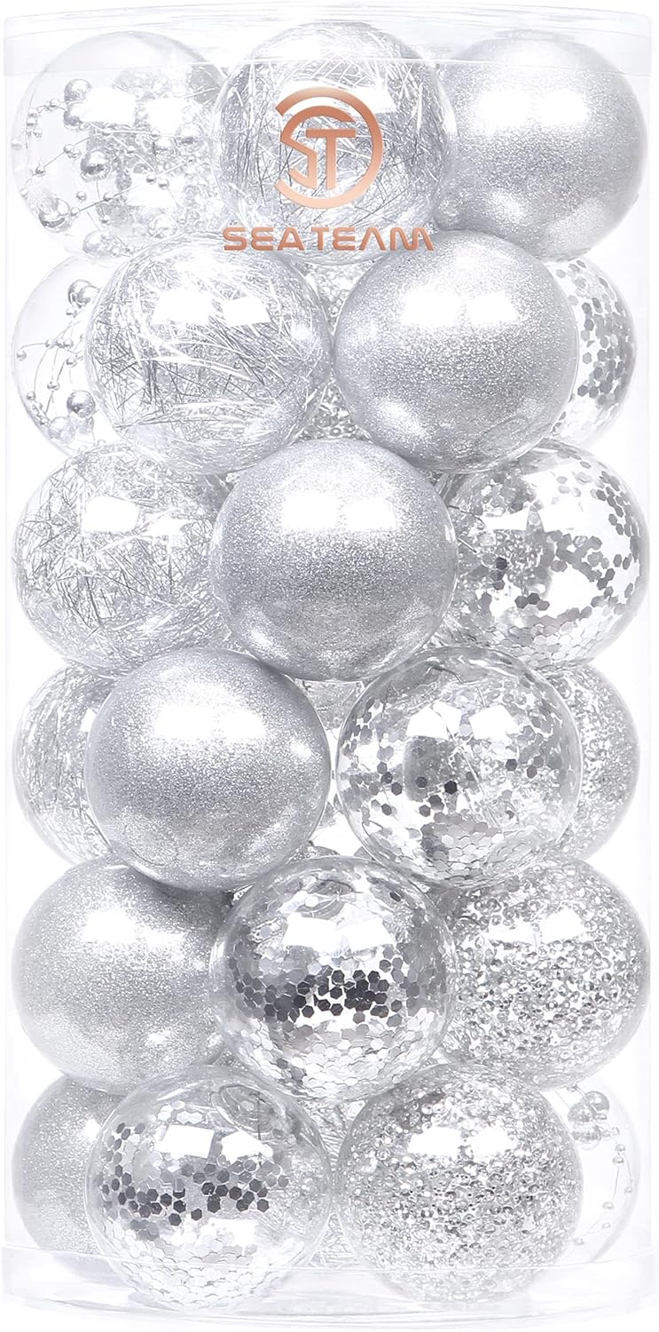 Sea Team Shatterproof Clear Plastic Christmas Ball Ornaments Decorative Xmas Balls Baubles Set with Stuffed Delicate Decorations (60mm/2.36 inch 30-Pack, Silver)