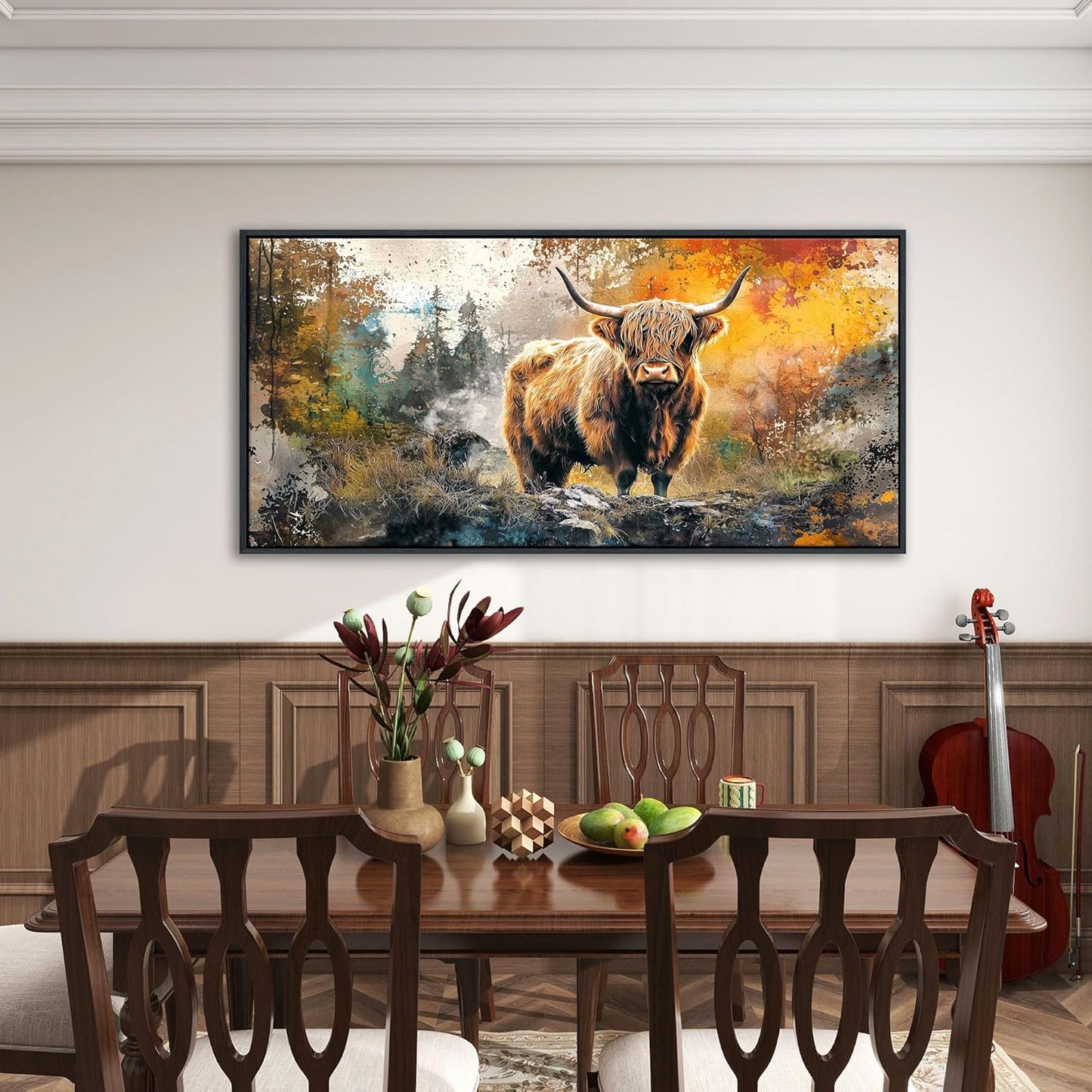 QZQCBLC Large Bedroom Canvas Wall Art, Retro Highland Cow Wall Pictures Modern Abstract Graffiti Forest Landscape Framed Paintings Artwork for Living room Kitchen Home Office Decor 24x48 IN