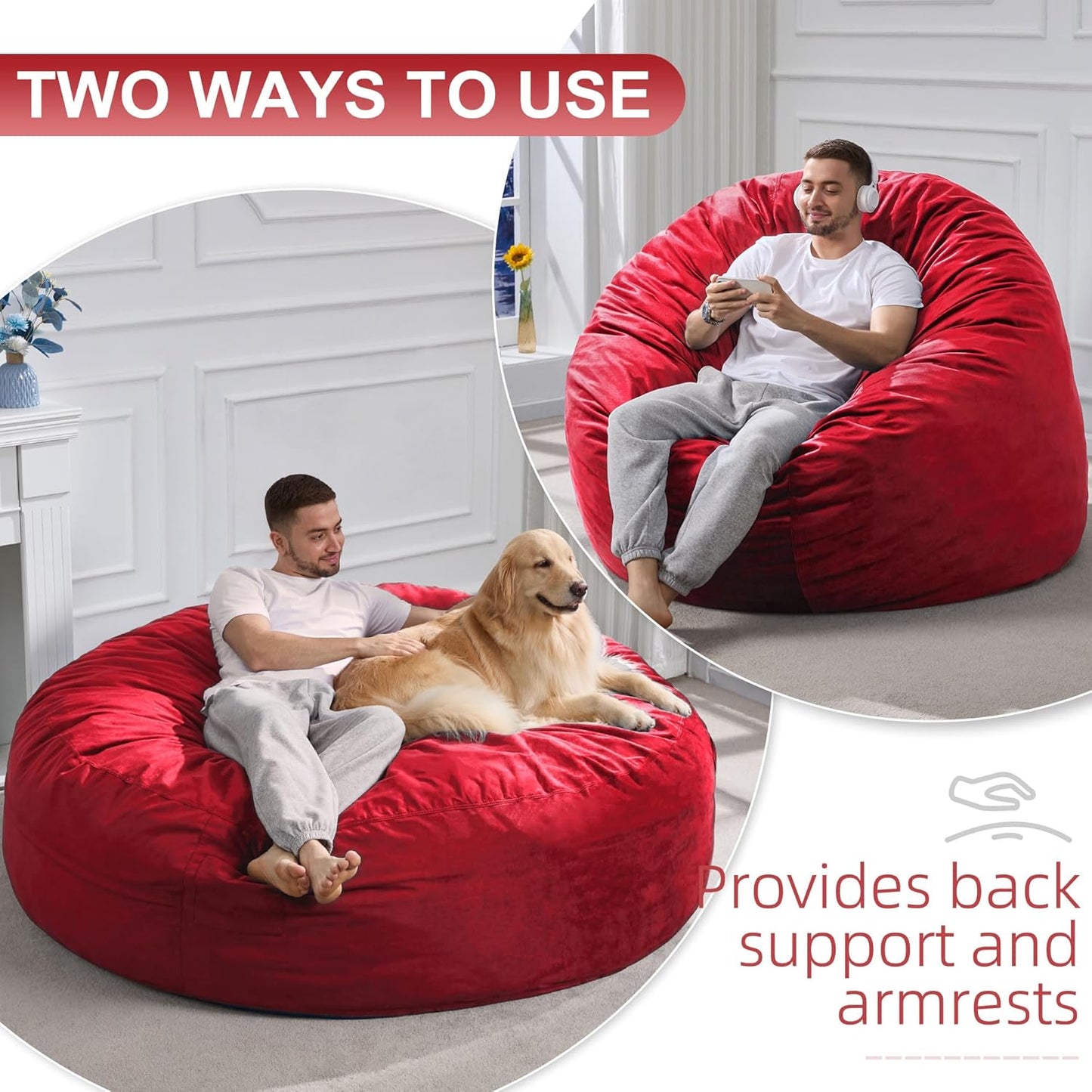 Hobestluk 6FT Bean Bag Chair Bean Bag Chairs for Adults Giant Bean Chairs with Velvet Cover, Memory Foam BeanBag Chair Fluffy BeanBag Chairs for Living Room, Bedroom- Red (70" x 70" x 15")