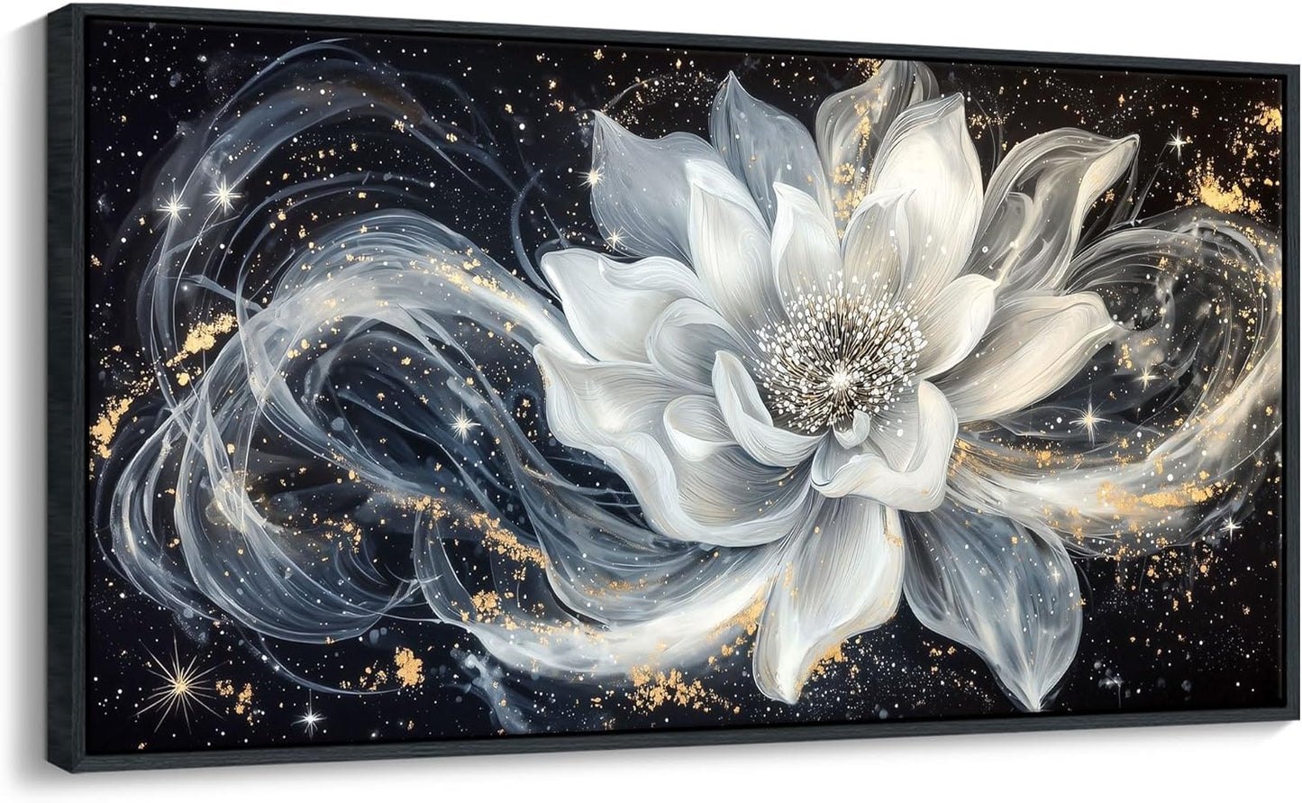 QZQCBLC Abstract Flower Wall Art, Black and White Gold Simplicity Framed Canvas Painting Large White Lotus Modern Pictures Artwork for Living room Bedroom kitchen Home Office Decor 24x48 IN