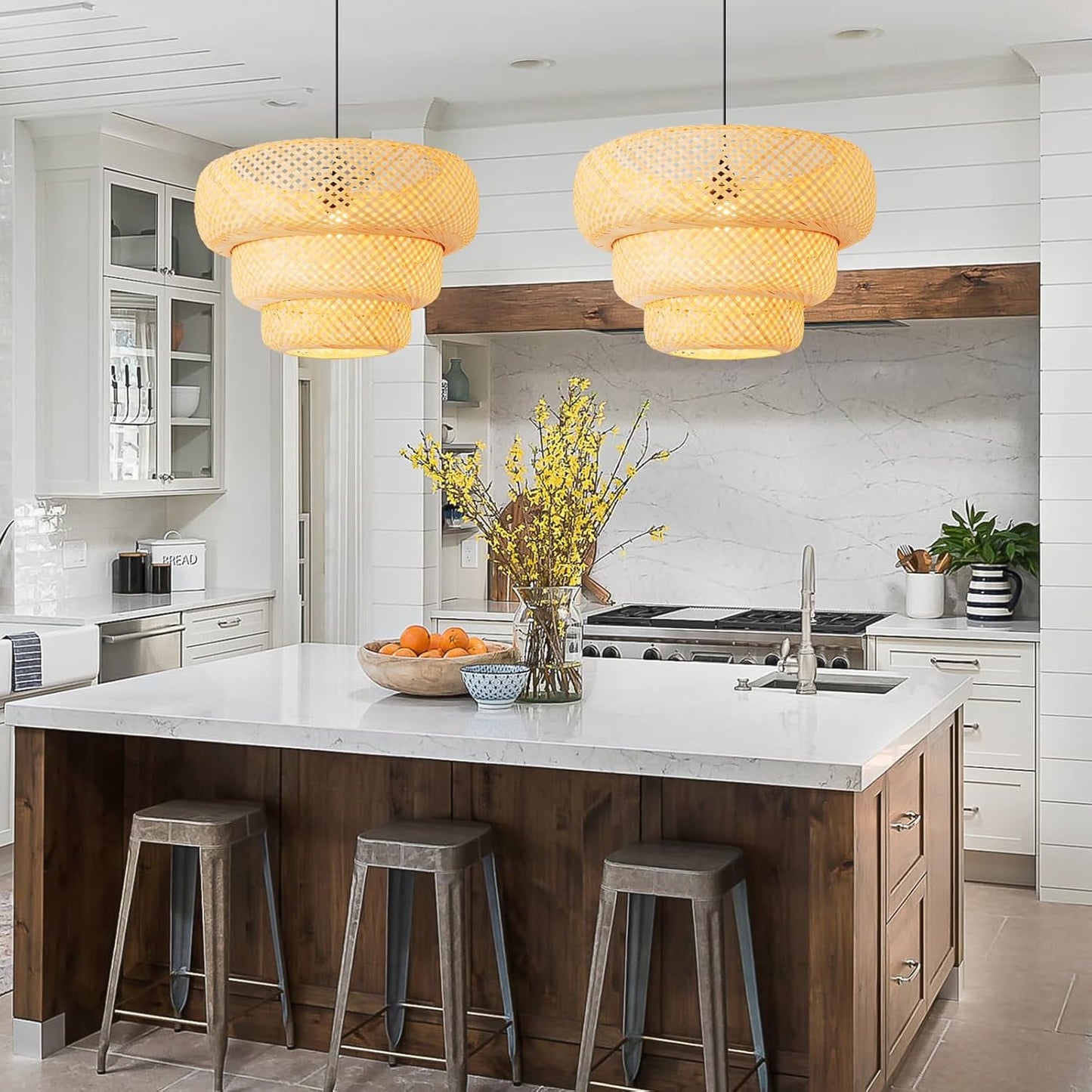 Bamboo Pendant Light,18.5" Boho Rattan Hanging Light 3-Tier Hand Woven Wicker Chandelier for Kitchen Island for Kitchen Island Dining Bedroom Living Room Restaurants