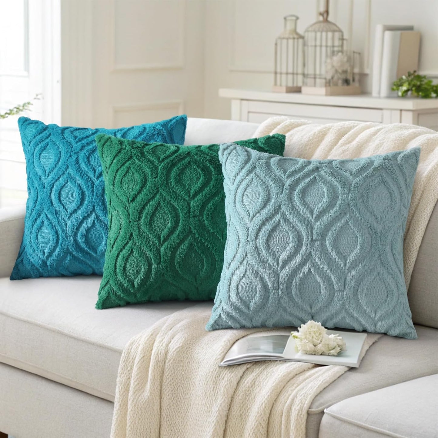 decorUhome Fall Throw Pillow Covers 18x18 Inch Set of 2, Soft Plush Decorative Faux Fur Aqua Solid Couch Pillow Covers, Accent Farmhouse Neutral Square Euro Pillow Cases for Sofa Bed Living Room