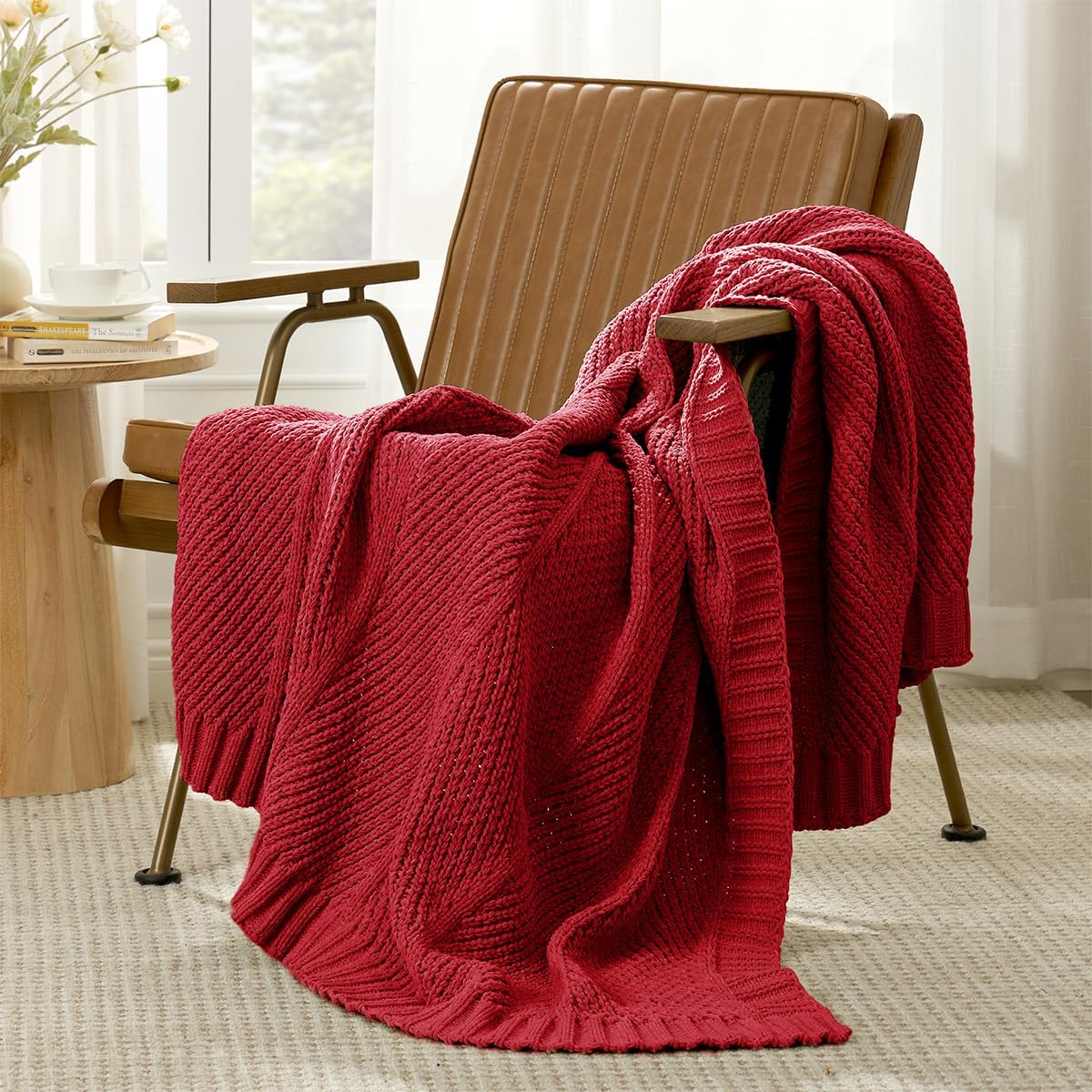 Amélie Home Chenille Knit Throw Blanket for Couch, Chevron Texture Decorative Soft Blanket for Sofa, Bed & Chair, 50"x60", Red
