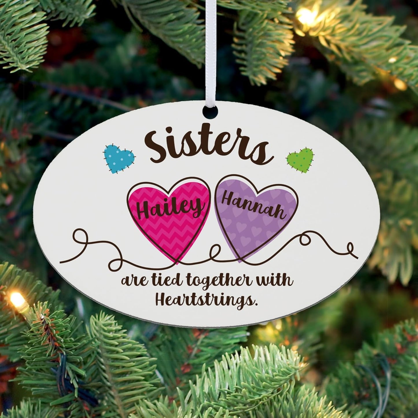 Let’s Make Memories Personalized Christmas Ornament - for Sisters - 2024 Christmas Ornament - Pastel Holiday Décor - Wood - Oval - Heartstrings - 2–6 Names
