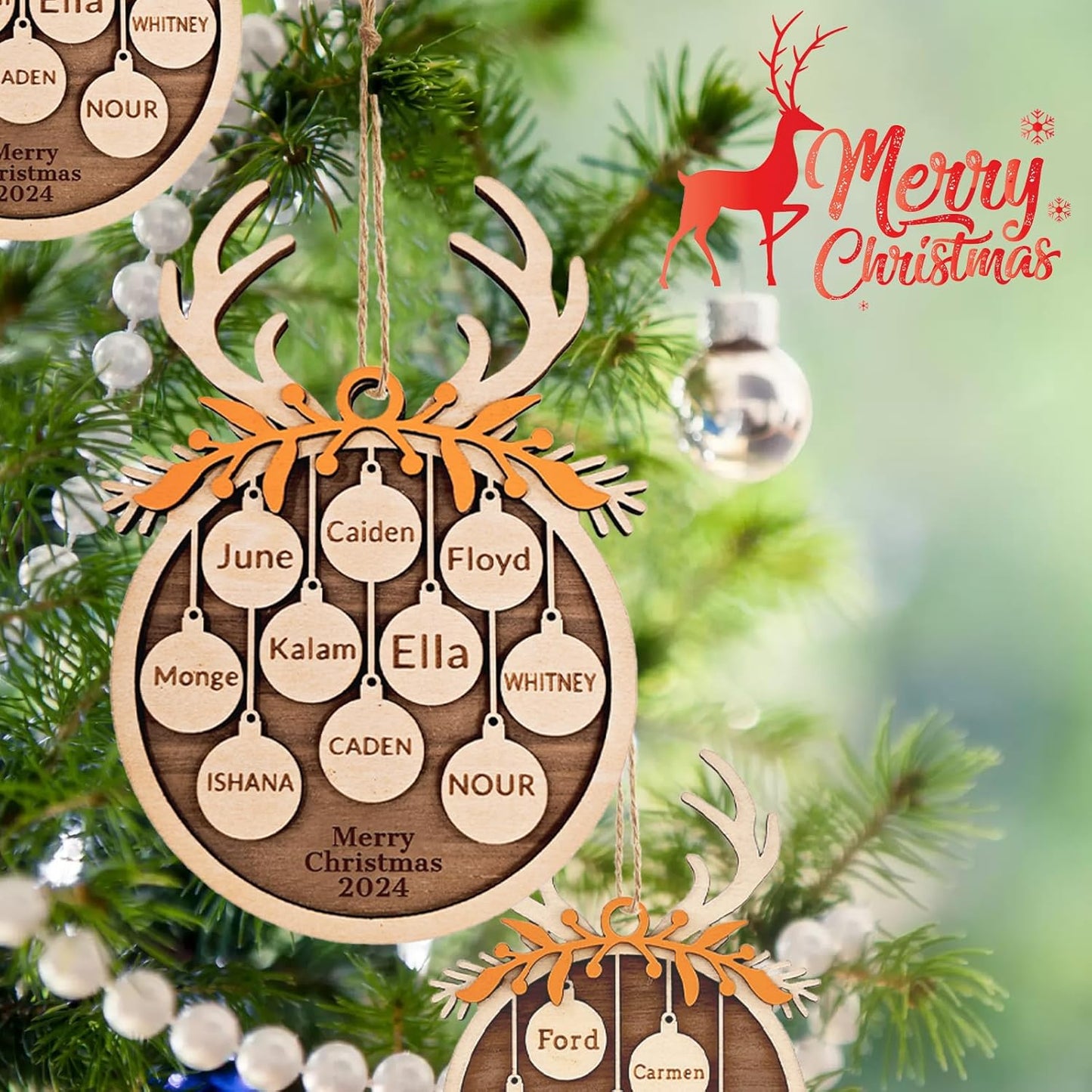 Personalized Christmas Ornaments 2025 with Family Names Custom Wooden Ornaments for Christmas Tree Personalized Christmas Ornament Gifts (1-10 Names)