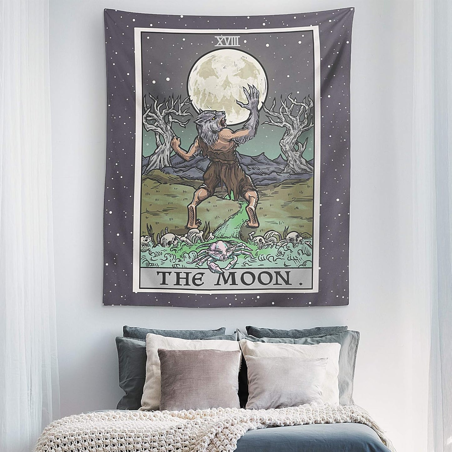 The Moon Tarot Card Tapestry - Werewolf - Gothic Halloween Home Decor Wall Hanging (60" x 50")