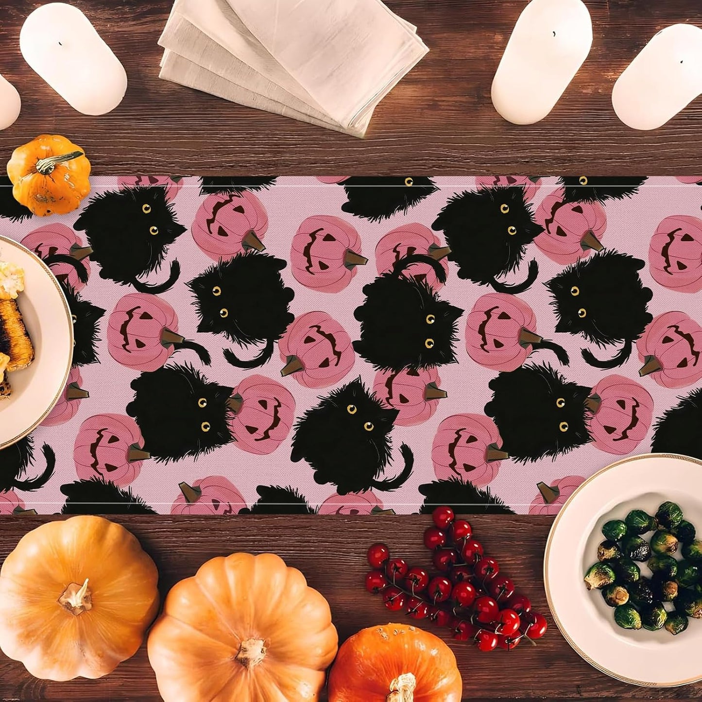 Halloween Table Runner Black Cat Pink Pumpkins Seasonal Kitchen Dining Table Home Outdoor Party Decorations 13x36 Inch