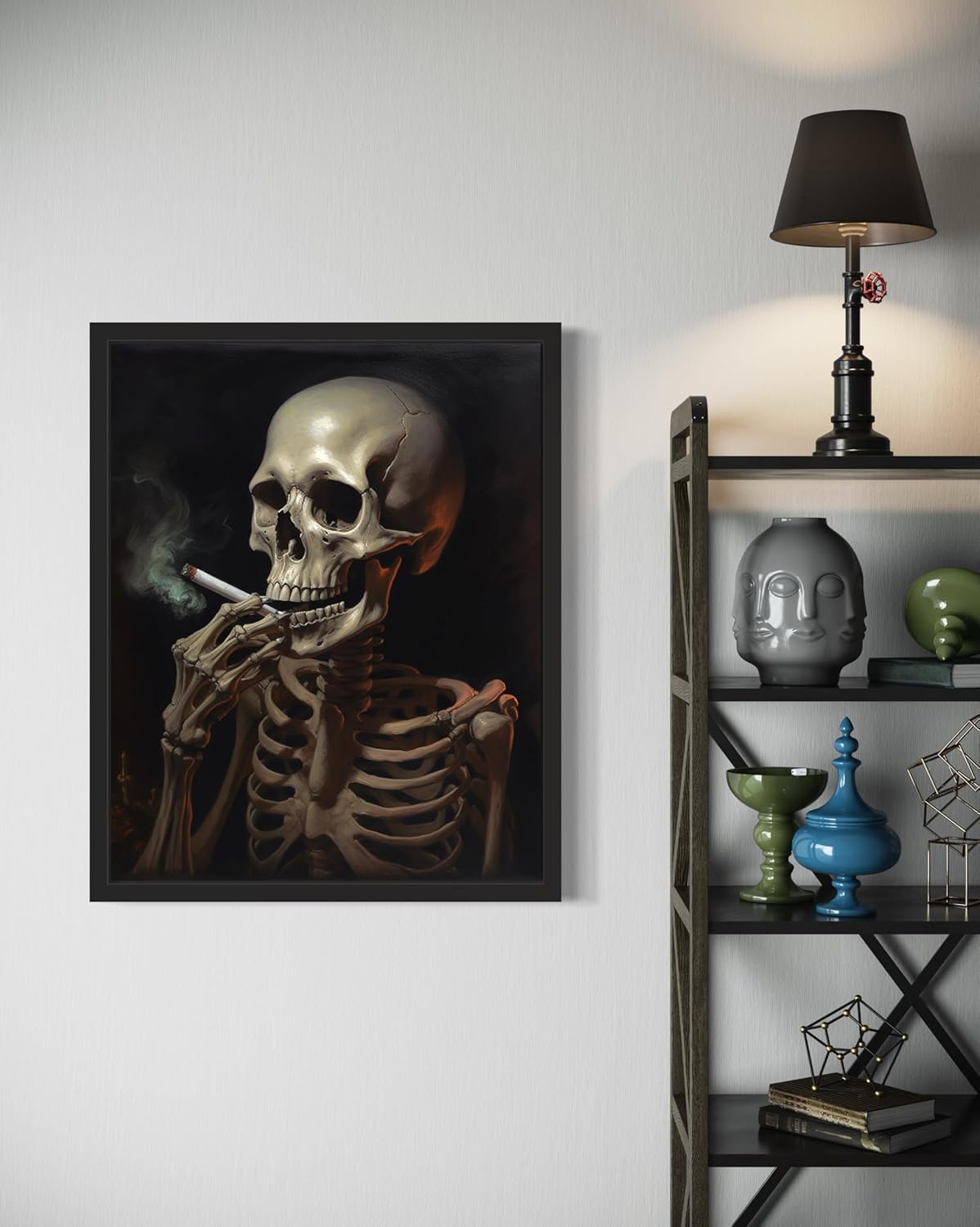 Skull Smoking Ciggarettes Poster Art Print, Halloween Scary Vintage Wall Art Academia Spooky Painting Decoration for Horror Prints, Gothic Posters Bedroom Decor 89 (Skull Smoking Ciggarettes, 8 x 10 inches, Black Frame)
