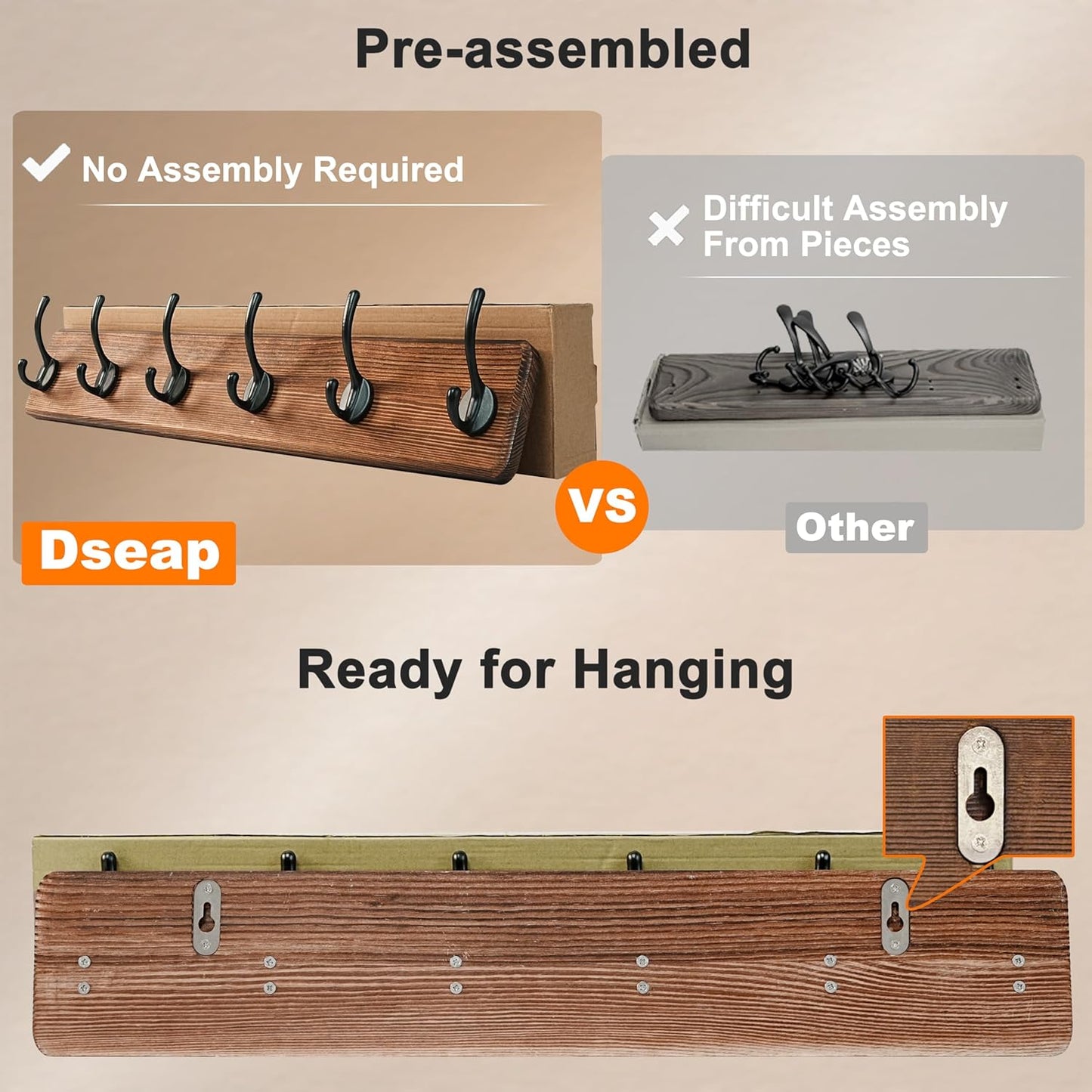 Dseap Coat Rack Wall: 24" Long, Patented, Heavy-Duty, 6-Double-Hooks Wooden Wall Mounted Coat Rack Coat Hanger Hook Rail for Winter Coats Hat Jacket Clothing, Weathered Blue