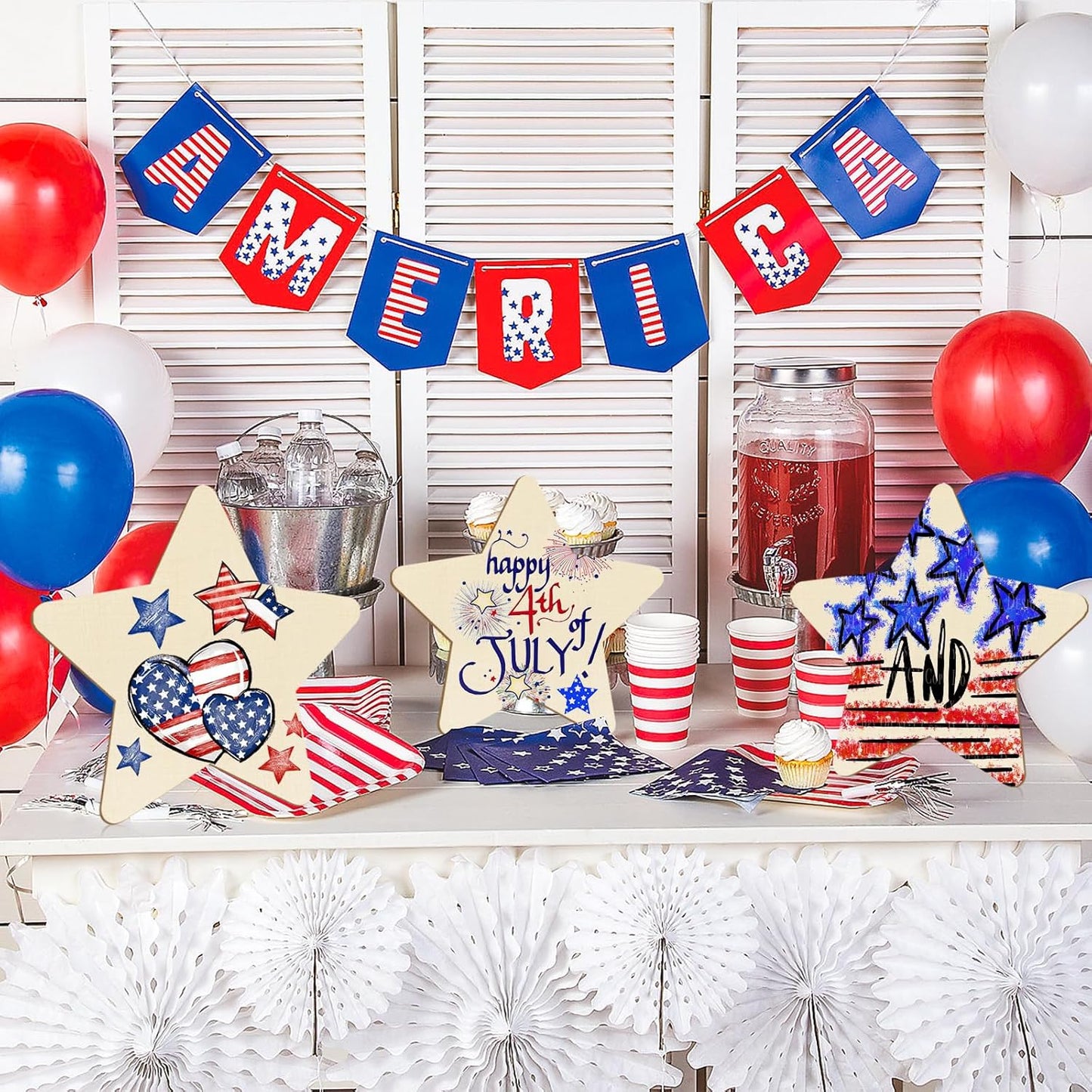 Large Size Wooden Star 4th of July Ornaments to Paint, Independence Day Wooden Patriotic Day DIY Blank Cutouts Unfinished Round Ornament for Crafts Summer Decorations 6 Pack