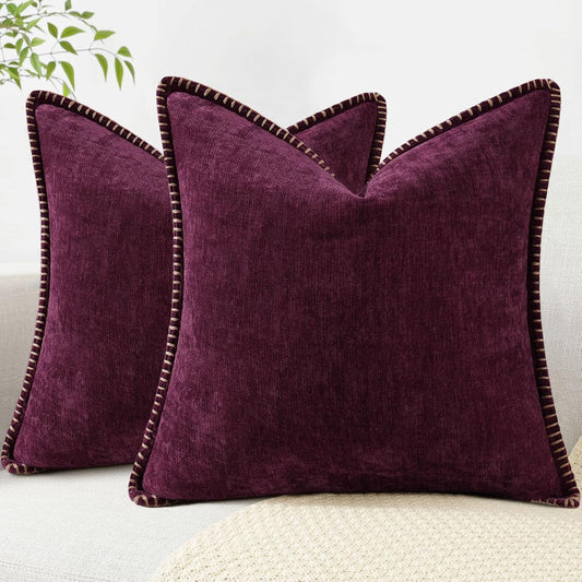 decorUhome Chenille Soft Throw Pillow Covers 18x18 Set of 2, Farmhouse Velvet Neutral Decorative Euro Pillow Covers with Stitched Edge for Couch Sofa Bed Home Decor, Rhododendron