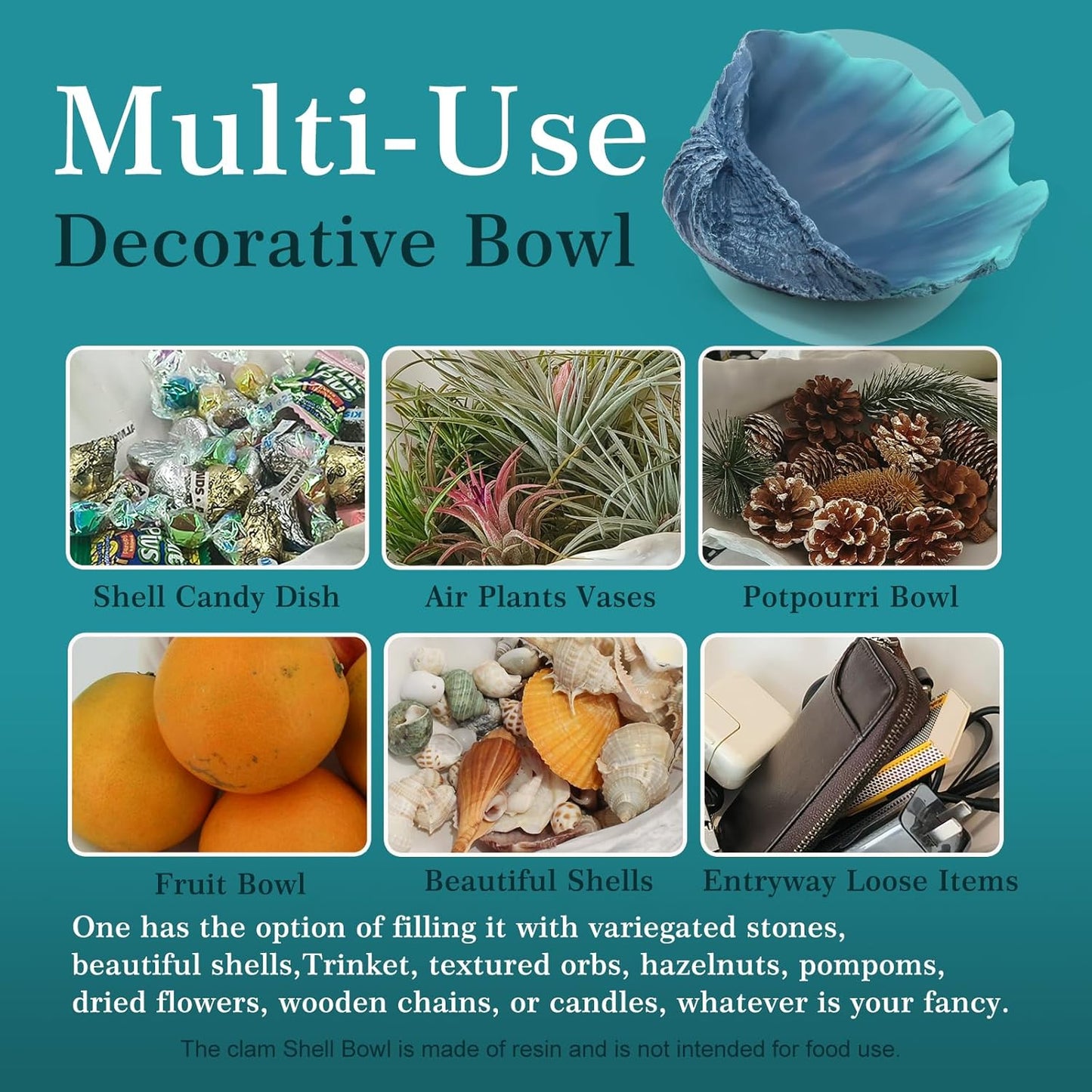 Extra Large Clam Shells Decorative Bowl-Caribbean Blue Sea Shells Decorative Storage Bowls for Coastal Beach theme house table centerpiece decorations & Nautical decor for coffee table-12.4"-1PC