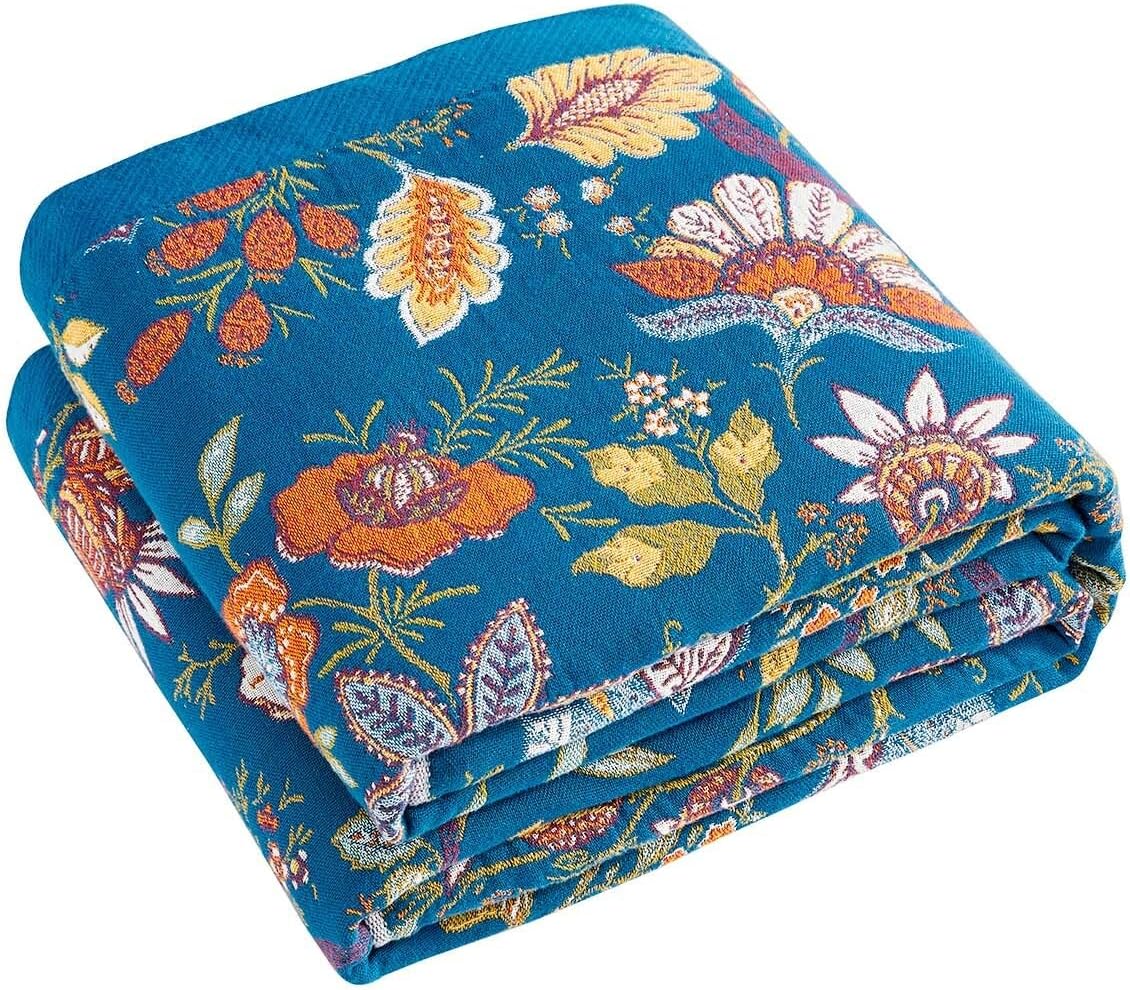 Fall Throw Blanket for Couch, Blue Boho Decorative Throw Blanket, 100% Cotton Muslin Breathable Woven Farmhouse Blankets Quilt, 80"x90" Reversible Lightweight Blankets Bohemian Throw Quilt