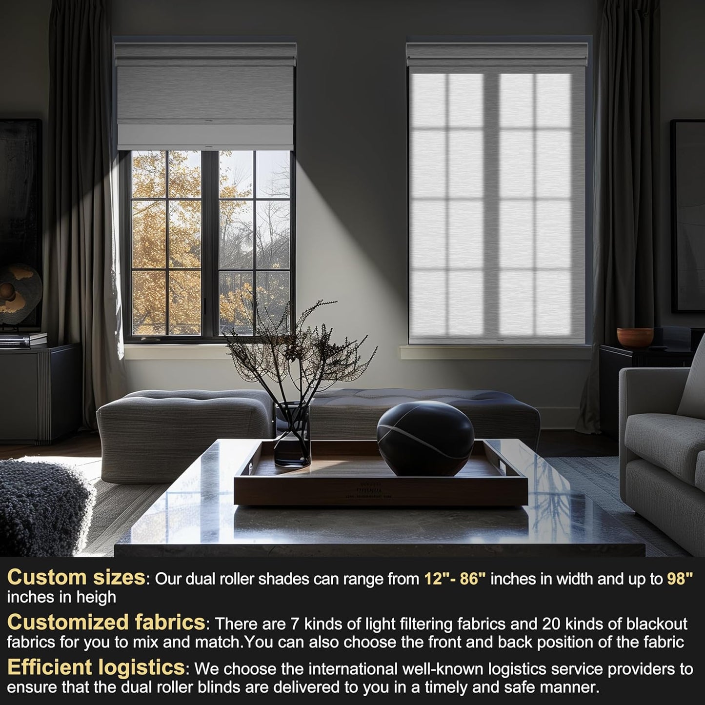 BERISSA Dual Roller Shades with Cassette Valance - Double Blackout and Light Filtering Shades, Day and Night for Home Office Door. Striped Jacquard White. 64 W x 48" H