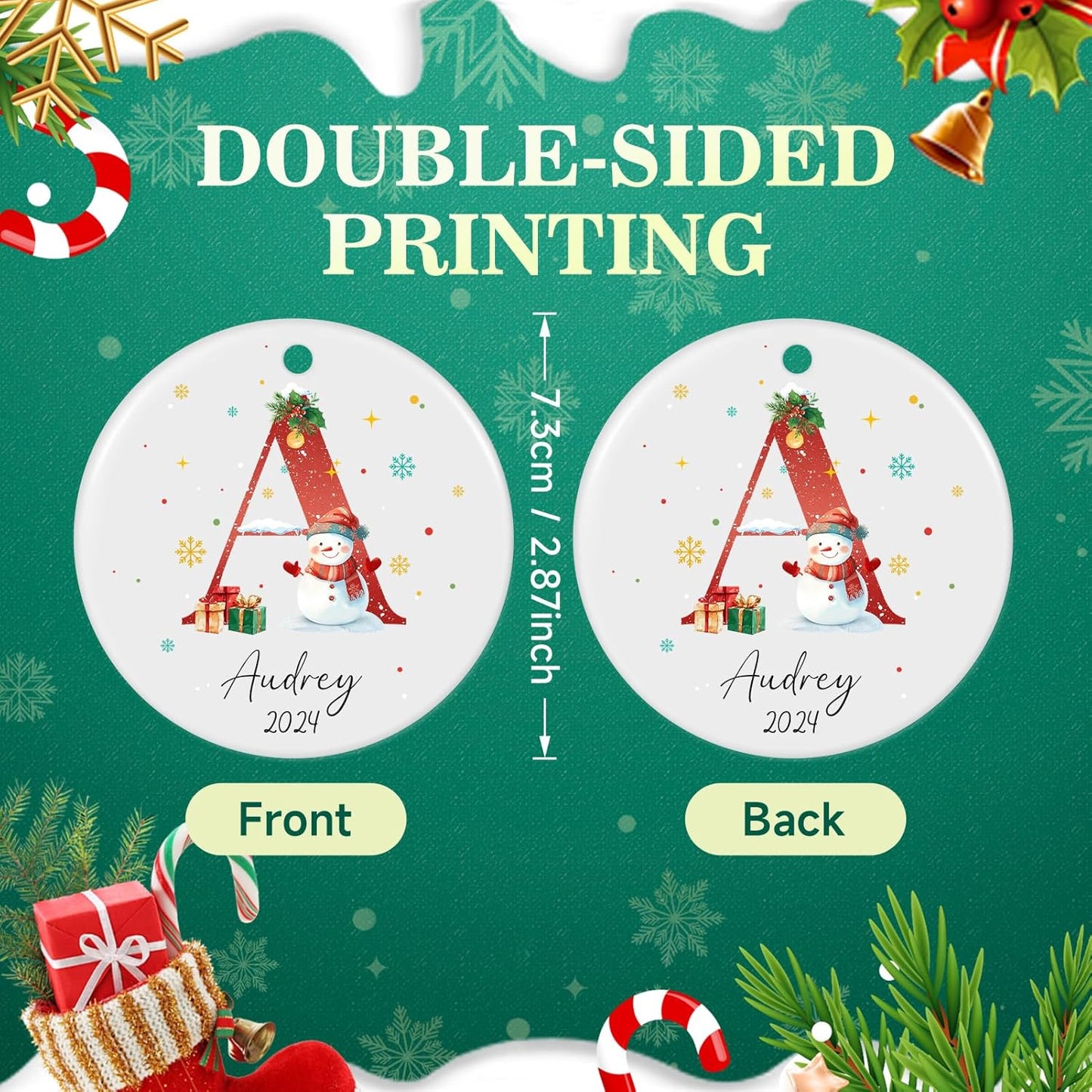 Personalized Christmas Ornaments with Initial Name, Ceramic Custom Monogram Initial A-Z Christmas Ornament 2025 for Kids Family Friends, Customized Letter Name Ornaments for Christmas Tree Decorations