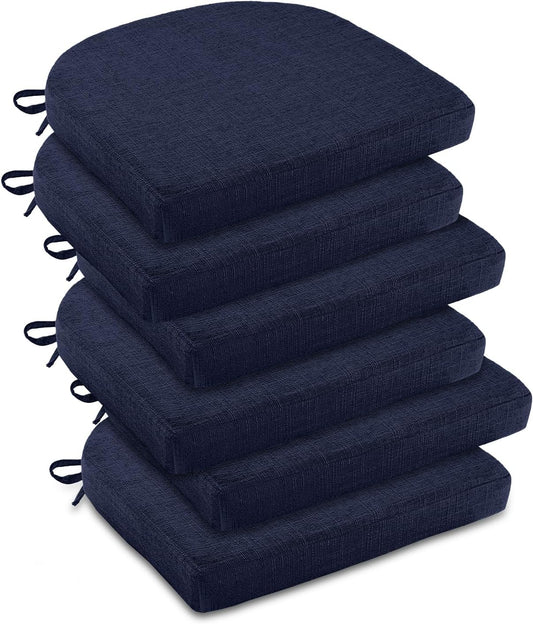 downluxe Indoor Chair Cushions for Dining Chairs, Soft and Comfortable Textured Foam Kitchen Chair Pads with Ties and Non-Slip Backing, 16" x 16" x 2", Navy, 6 Pack