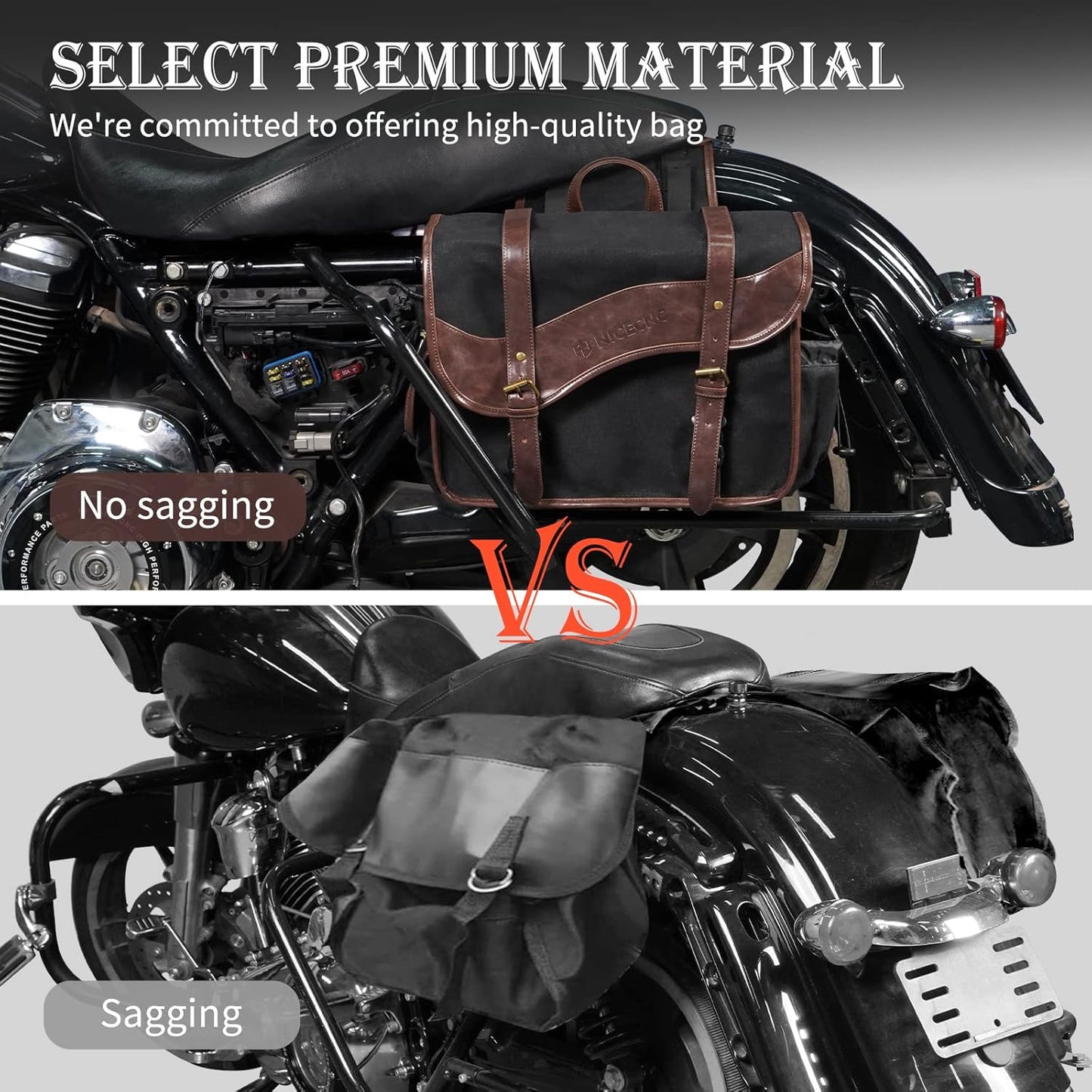 NICECNC Motorcycle Saddle Bags, Vintage Oil Waxed Canvas Saddlebags Motorcycle Panniers Side Throw Over Saddle Bags Compatible with Harley Honda Suzuki Yamaha Adventure Street Glide Brown