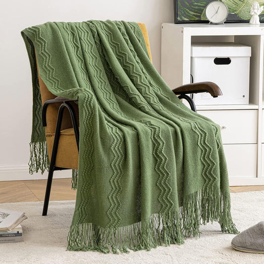 MIULEE Moss Green Knitted Throw Blanket for Couch Textured Knit Blanket with Tassels Cozy Woven Bed Blanket for Sofa Bed Chair Wave Pattern Spring Home Decor for All Seasons 50"x60"
