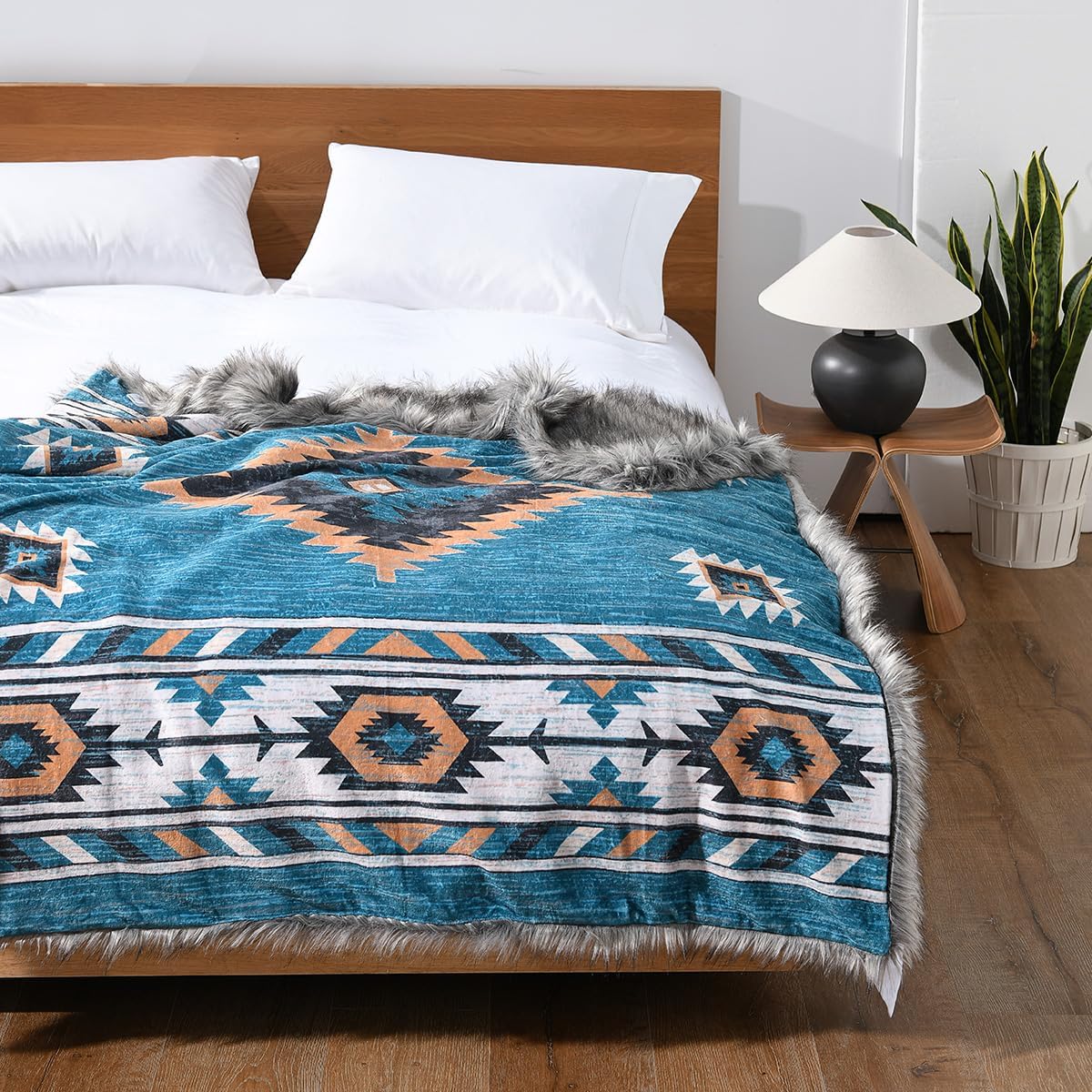 Luxury Plush Faux Fur Throw Blanket with Aztec Pattern, Super Warm, Fuzzy, Elegant, Fluffy Decoration Blanket for Couch, Armchair, Sofa and Bed, 60''x 80'', Teal