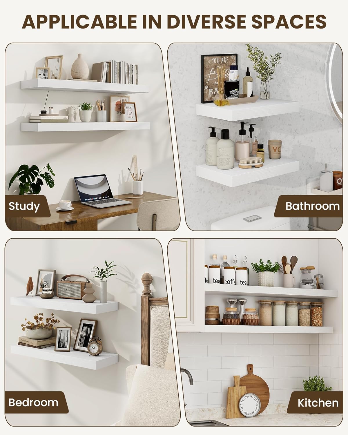 Marsmiles 30" Floating Shelves for Wall, Wooden Shelves with Invisible Brackets Set of 2, Rustic Farmhouse Wall Mounted Shelf for Kitchen Bathroom Living Room Study, White