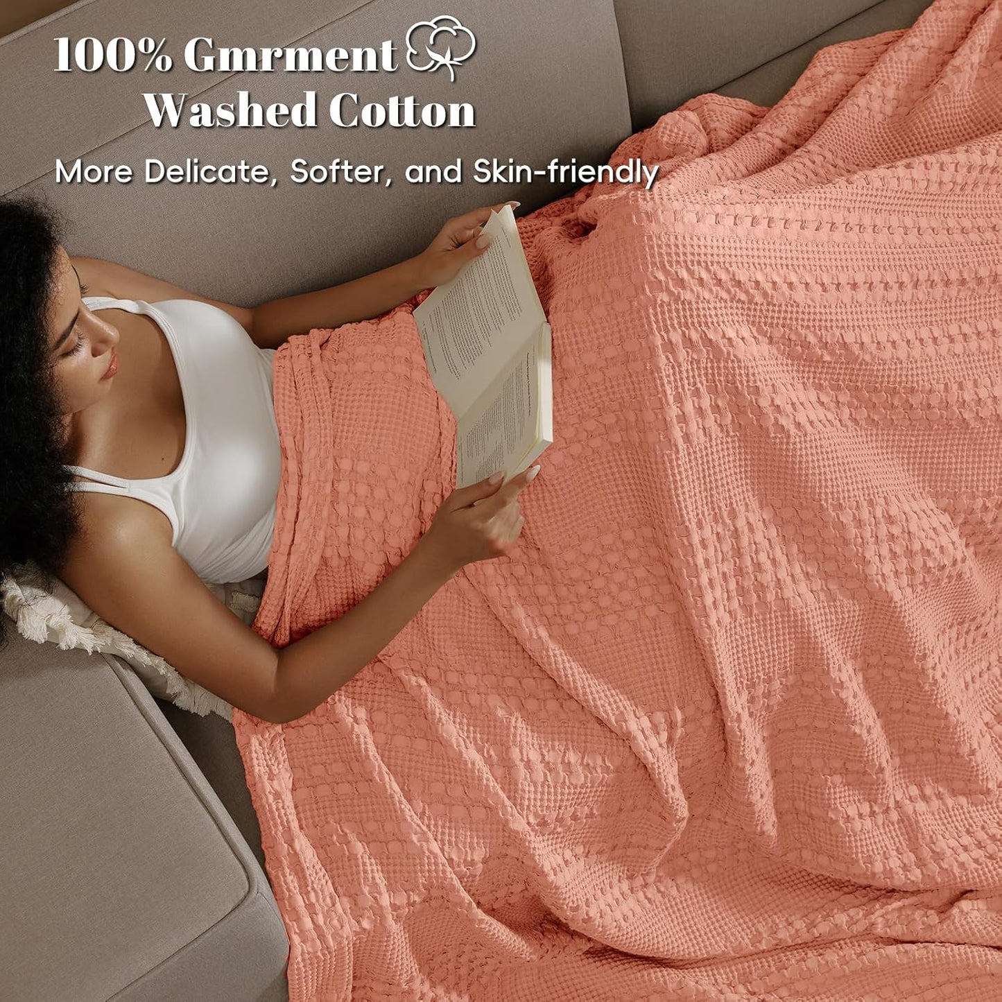 PHF 100% Cotton Waffle Weave Blanket Twin Size, Soft Lightweight Breathable Cozy Summer Blankets for Bed, Luxury Aesthetic Woven Bedding for Home Decor, 66"x90", Canyon Clay