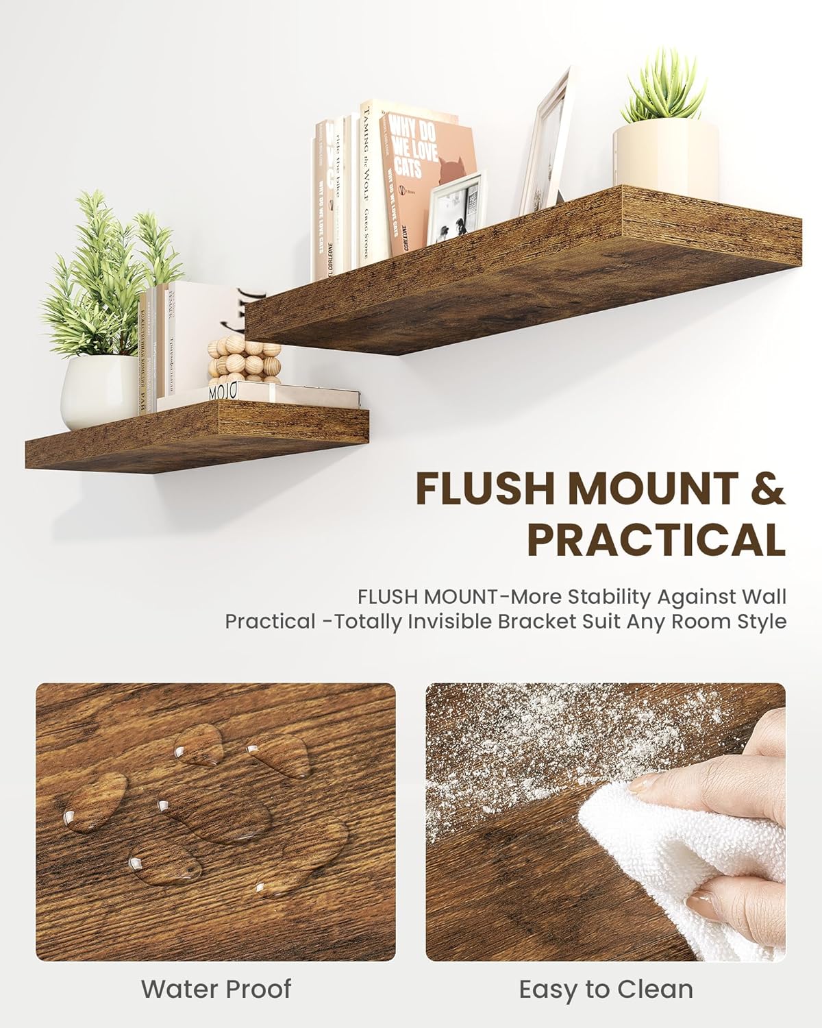 Marsmiles 6.7" Floating Shelves for Wall, Wooden Shelves with Invisible Brackets Set of 2, Rustic Farmhouse Wall Mounted Shelf for Kitchen Bathroom Living Room Study, Rustic Brown