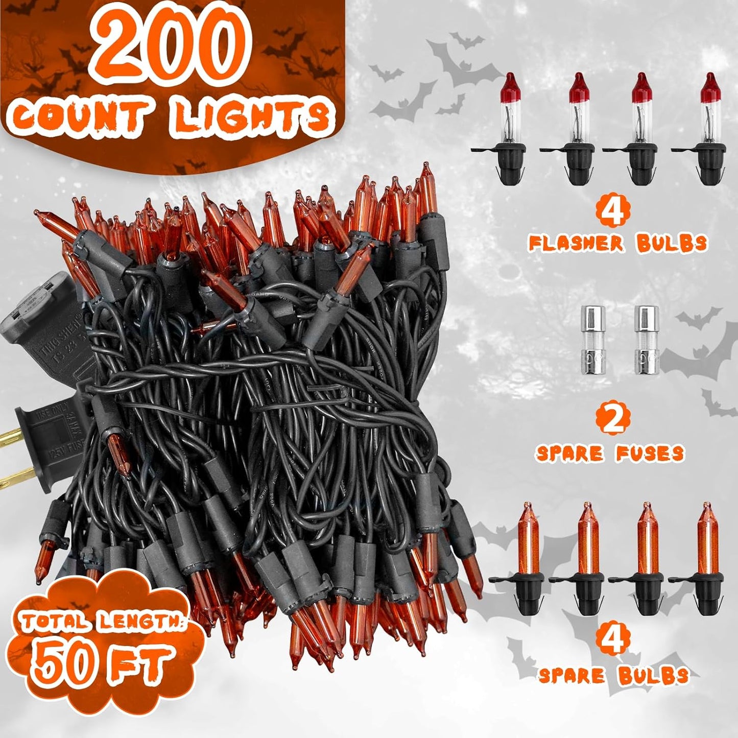 Halloween Lights Orange Lights, 50FT 200 Count Incandescent Connectable Fall Light, 120V UL Listed Waterproof Halloween Decorations for Autumn Indoor Outdoor Party Home Garden Yard Decor