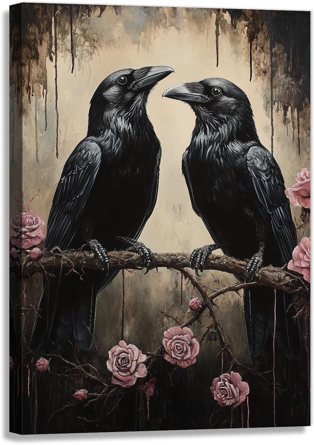 OAAPITI Crow Canvas Wall Art Black Raven Picture Print Pink Rose Poster Vintage Gothic Painting Artwork for Living Room Halloween Decor(Artwork-6,28"x42")