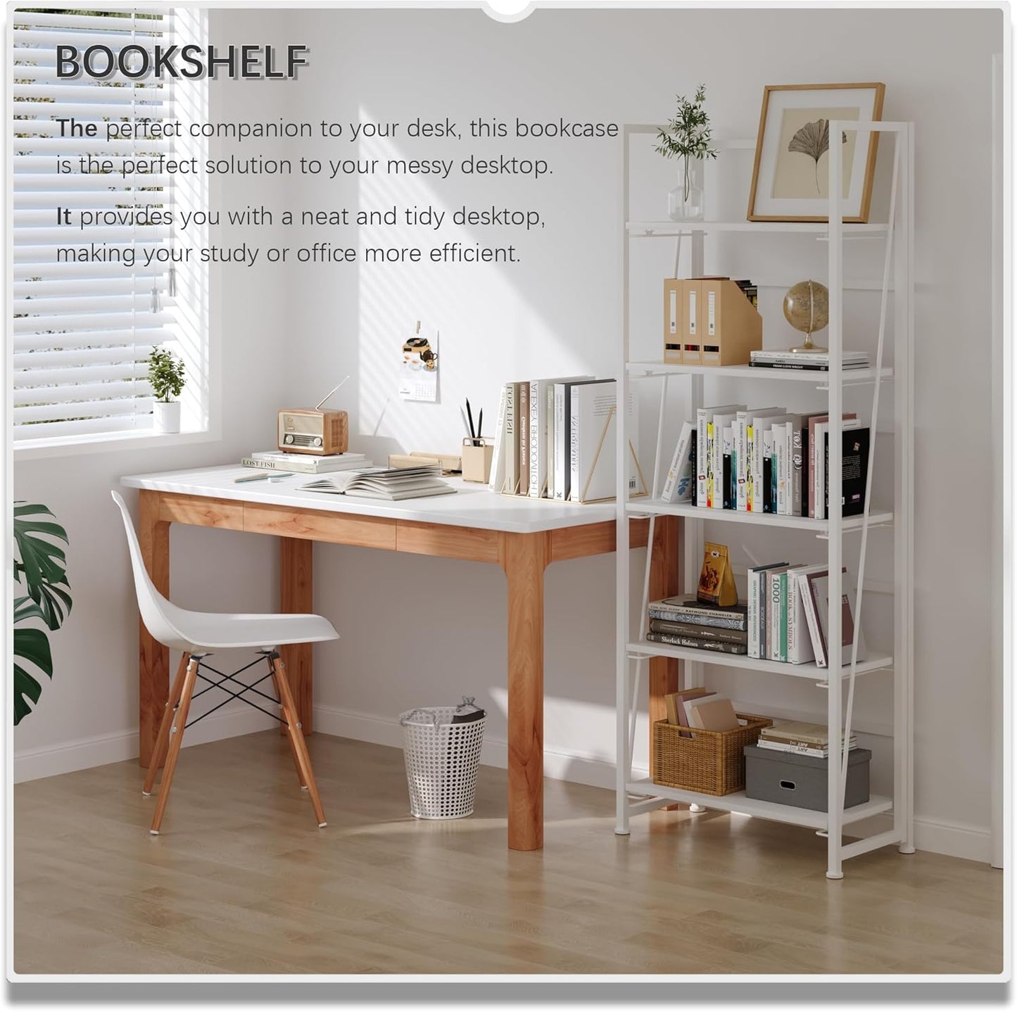 4NM No Assembly Foldable Bookshelf, 5-Shelf Collapsible Bookcase Storage for Small Spaces, 62.2" H, All White