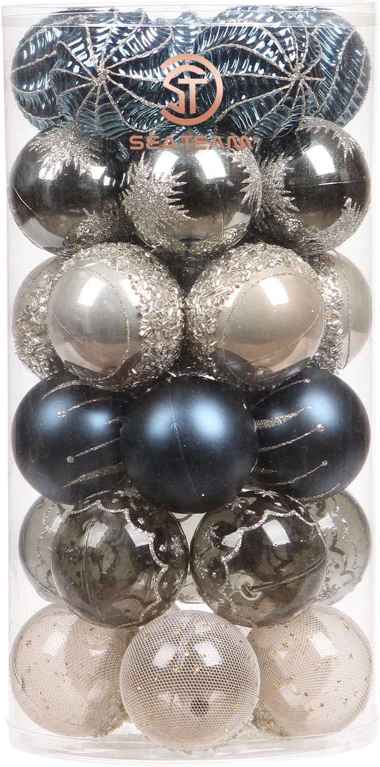 Sea Team 60mm/2.36" Delicate Contrast Color Theme Painting & Glittering Christmas Tree Pendants Decorative Hanging Christmas Baubles Balls Ornaments Set - (Stone Blue & Silver Grey), Pack of 30