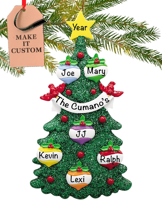 Personalized Family of 6 Ornament 2025 | Free 24h Customization | Christmas Ornaments for Tree | Custom Gift Wrapped Green Glitter Keepsake for Six Persons