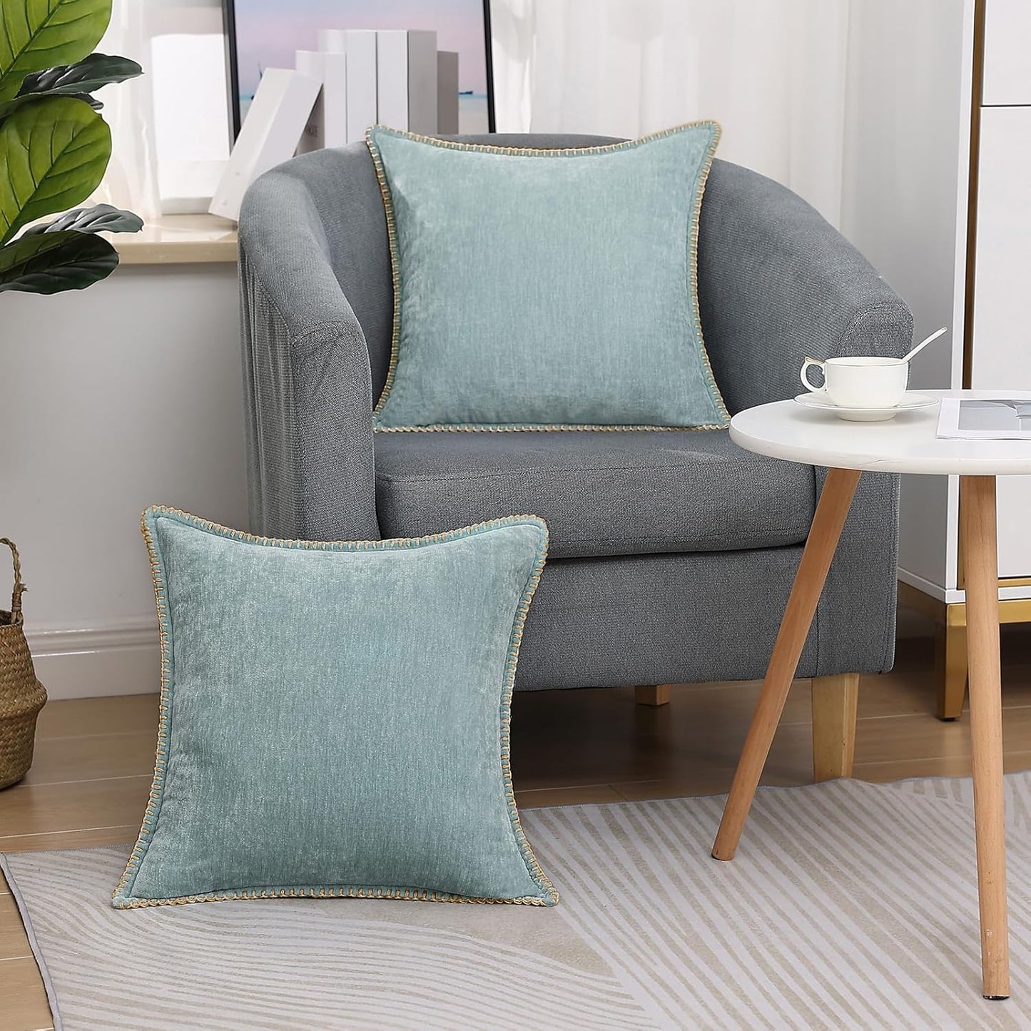 decorUhome Chenille Soft Throw Pillow Covers 22x22 Set of 2, Farmhouse Velvet Neutral Decorative Euro Pillow Covers with Stitched Edge for Couch Sofa Bed Home Decor, Aqua Haze