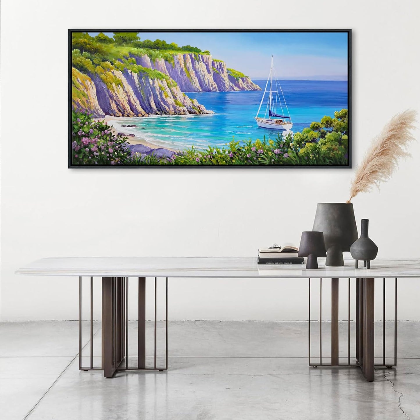 QZQCBLC Large Blue Wall Art, Purple Wildflowers Coastal Sailboat Mountain Canvas Pictures Modern Ocean Landscape Paintings Artwork for Living room Bedroom Home Office Framed Beach Decor 29x58