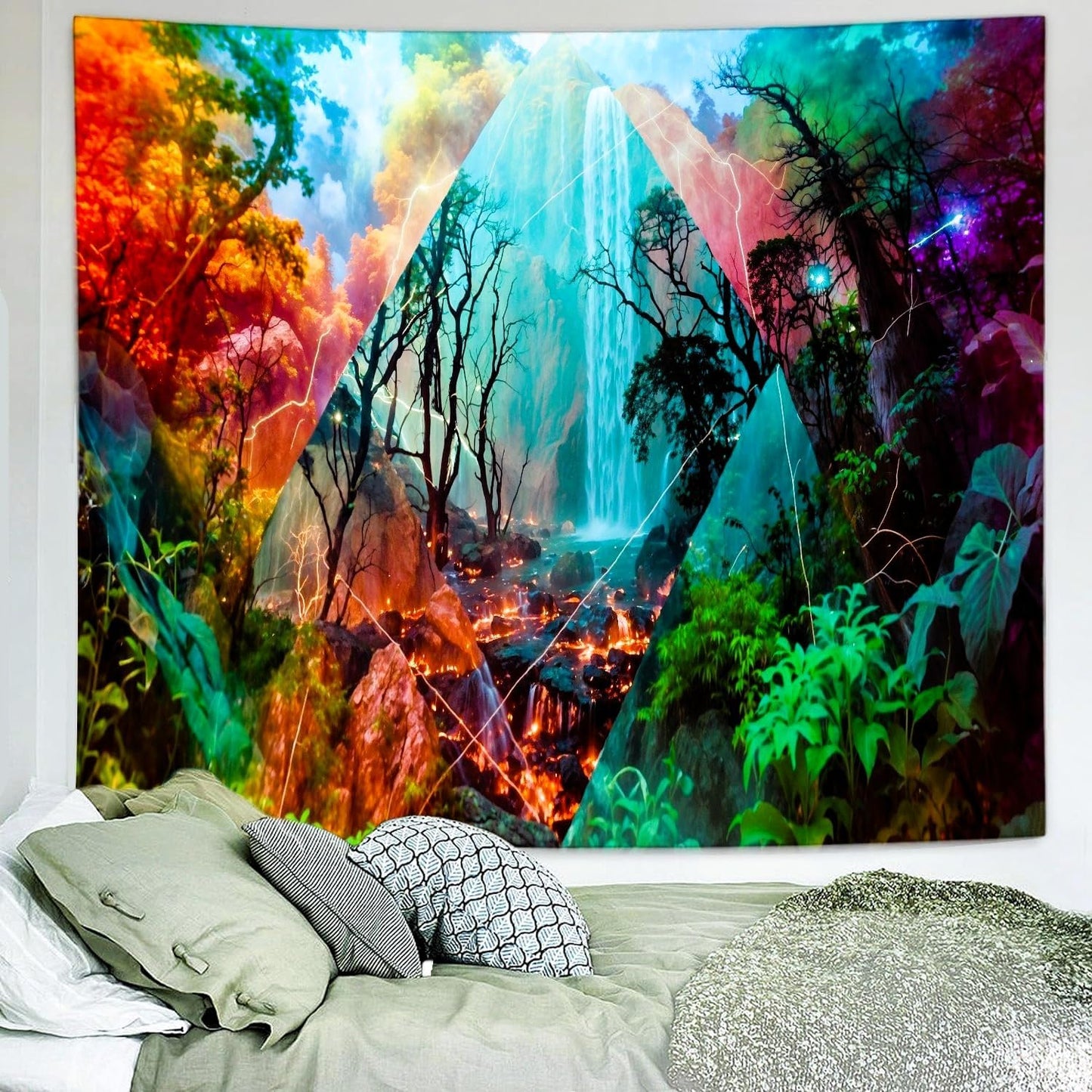 Delur Forest Tapestry Waterfall Mountain Rainforest Sunset Nature Tree Tapestry Wall Hanging Scenic Tropical Landscape Natural Sunrise Headboard for Bedroom Living Room Home Decor (70.8" x 92.5")
