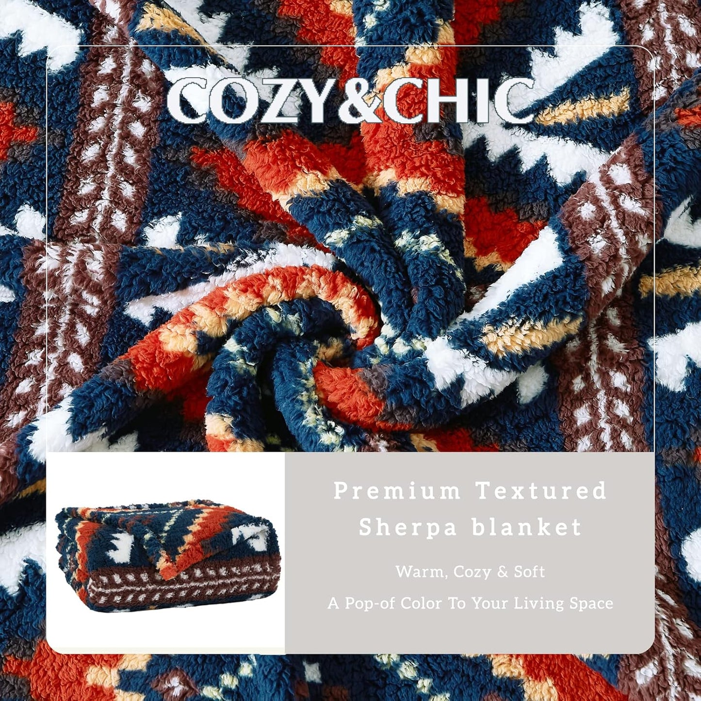 CASAAGUSTO Boho Sherpa Throw Blanket, Aztec Throw, Ultra Soft, Warm, Cozy, Plush, Thick Fleece Bohemian Throw Blanket for Couch, Bed, Sofa (Navy Blue 50 * 60 Inch)