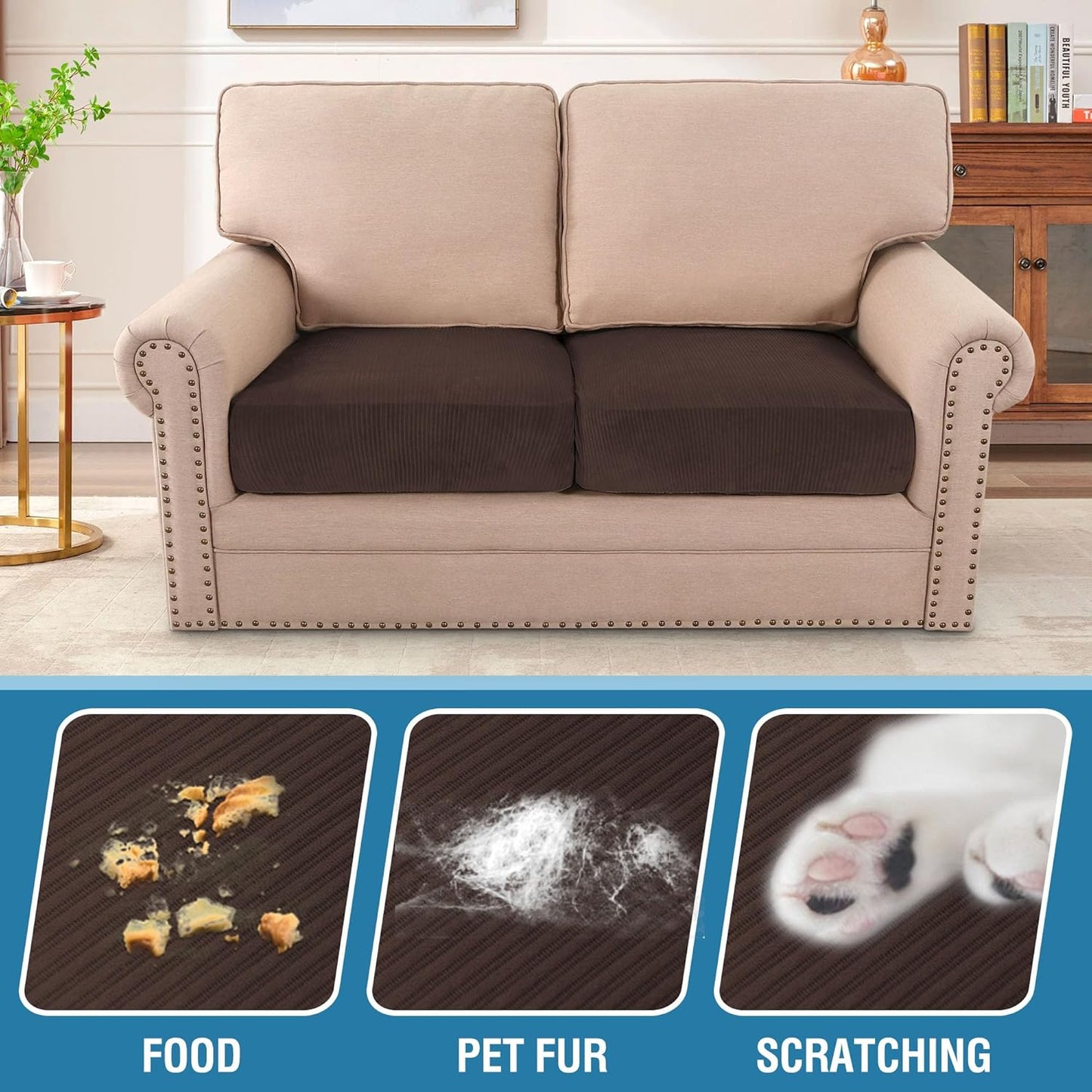 H.VERSAILTEX Velvet Stretch Couch Cushion Cover Plush Cushion Slipcover for Chair Loveseat Sofa Cushion Furniture Protector Seat Cushion Sofa Cover (2 Piece Medium Sofa Cushion Covers, Brown Striped)