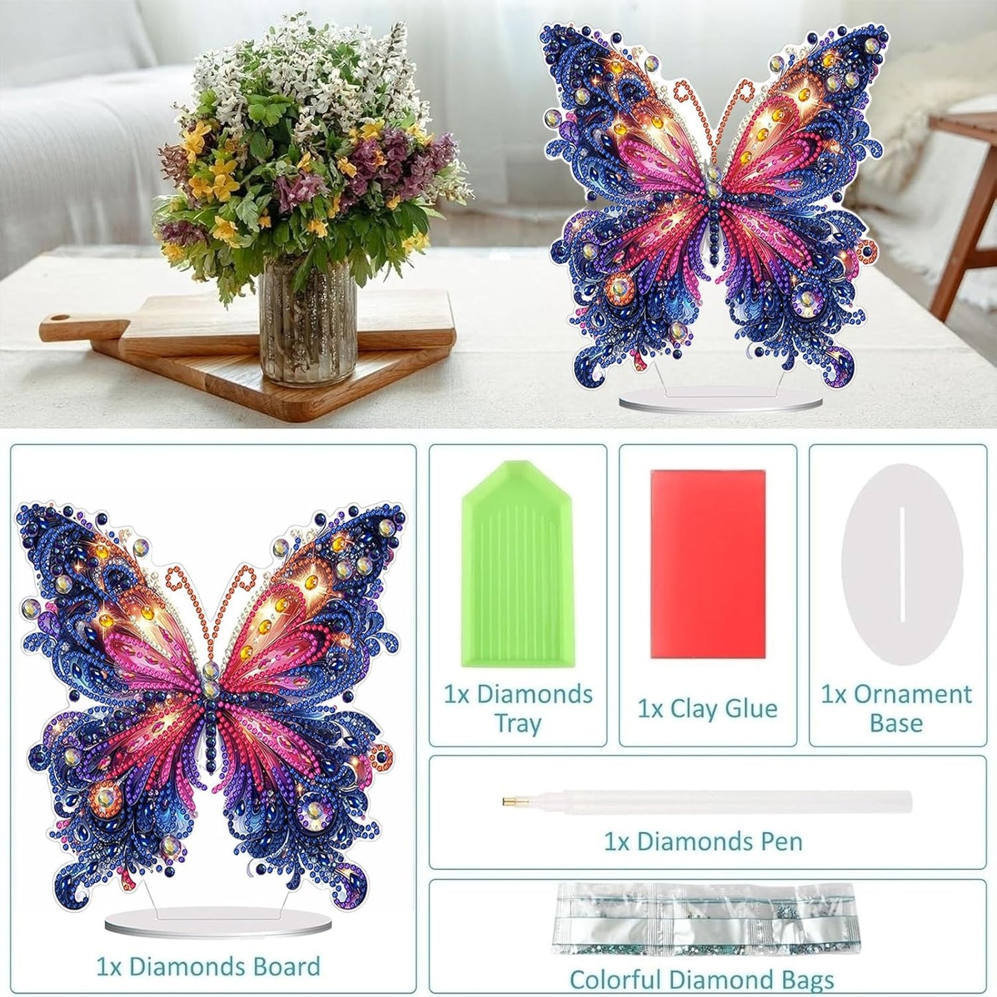 Diamond Painting Kits for Adults Beginners, 5D Full Drill Flowers and Butterfly Crystal Art Desktop Ornament, DIY Single Sided Home Office Desk Decor, Creative Craft Gift Set with Tools