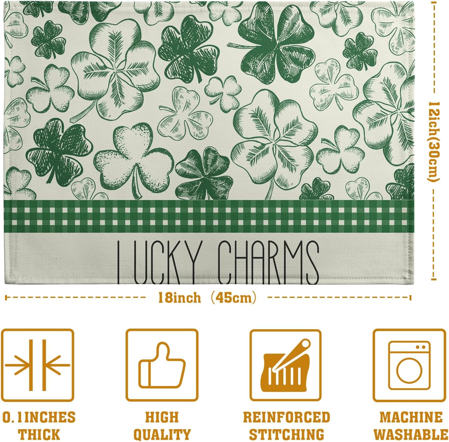 Green Shamrock St Patricks Day Placemats Set of 4 Lucky Clover Plaid Check Table Mat 12x18 Inch St. Patrick's Day Seasonal Holiday Place Mats Spring Linen Placemat for Party Kitchen Dining Decor