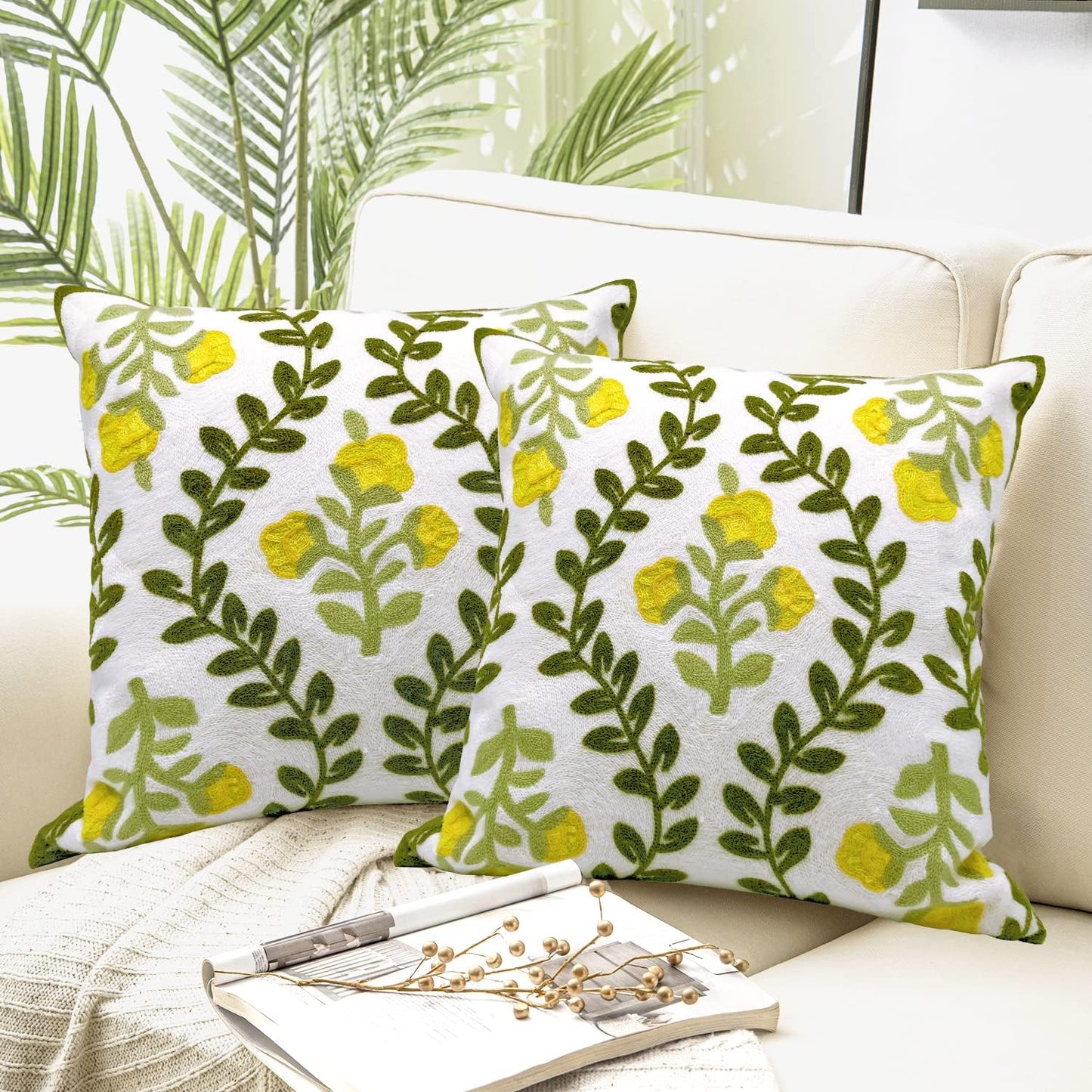 Alysheer Floral Embroidered Summer Decorative Throw Pillow Cover 18"x 18" Set of 2, Farmhouse Cottage Yellow Flower Green Leaves Patterned Cotton Cushion Case for Couch Bed Living Room Outdoor Decor