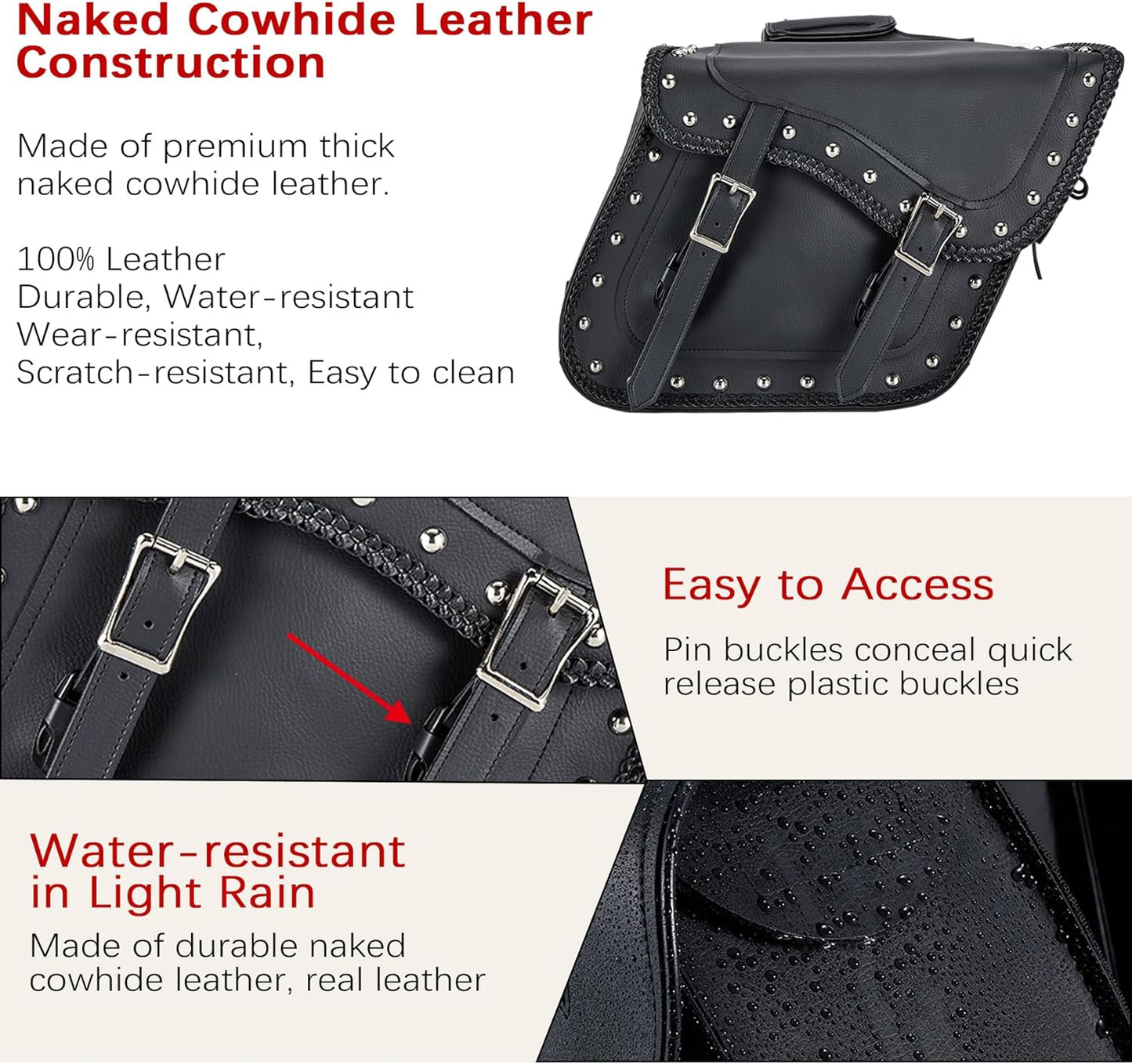 Dream Apparel Naked Cowhide Leather Motorcycle Saddle Bags Studded Throw Over Saddlebags, Motorcycle Side Bags for Honda Shadow Sportster Softail Dyna V-star (Black, With Studs)